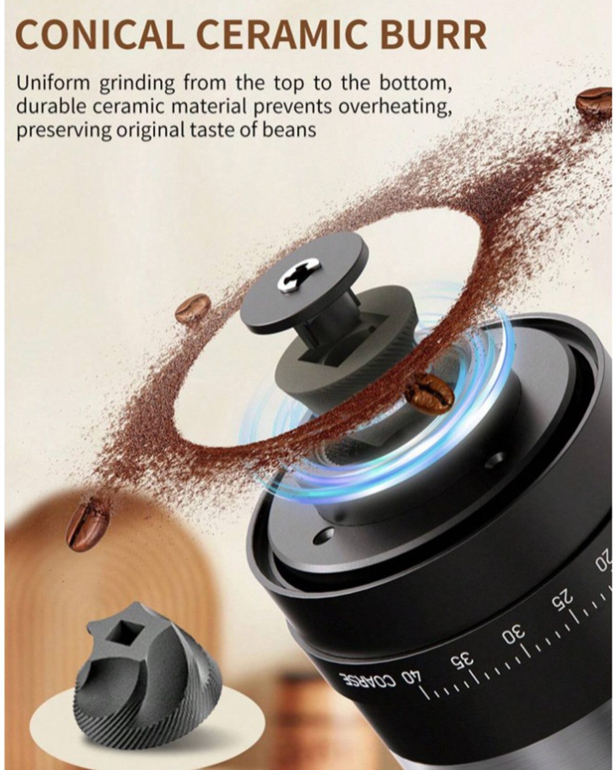 ibettertec Kaffeemühle Tragbare akkubetriebene Kaffeemühle Elektrisch35g Fassungsvermögen, 1800mAh wiederaufladbare Kaffeebohnenmühle mit konischem Keramikfräser