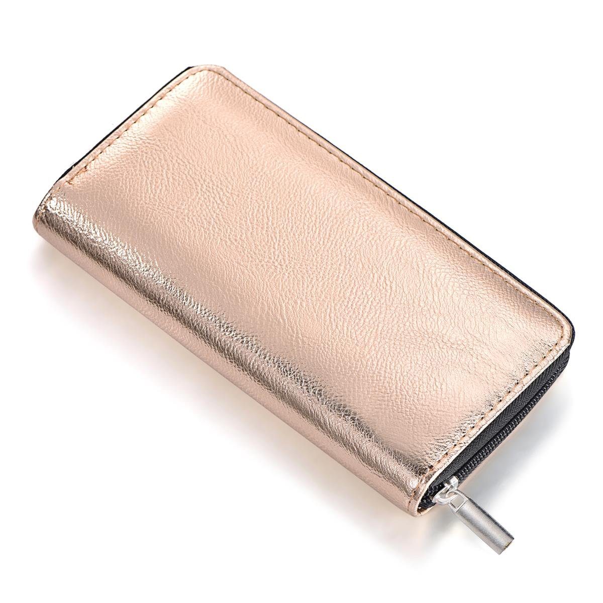 DonDon Geldbörse Portemonnaie Geldbeutel weich 20 x 10 x 2,5 cm (Packung, 1-tlg), Geldbörse für Damen und Mädchen, Metallic-Look, mit Reißverschluss rosé metallic