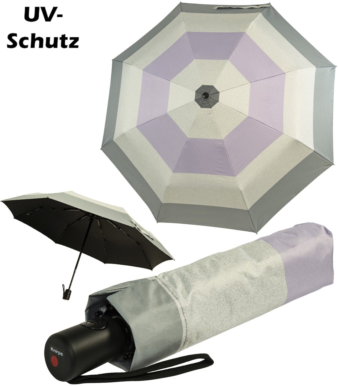 Knirps® Taschenregenschirm A.200 Damen-Taschenschirm mit Auf-Zu-Automatik, Popy lila: 95% UV-Schutz, bis zu 40% Hitze-Schutz grau-lila