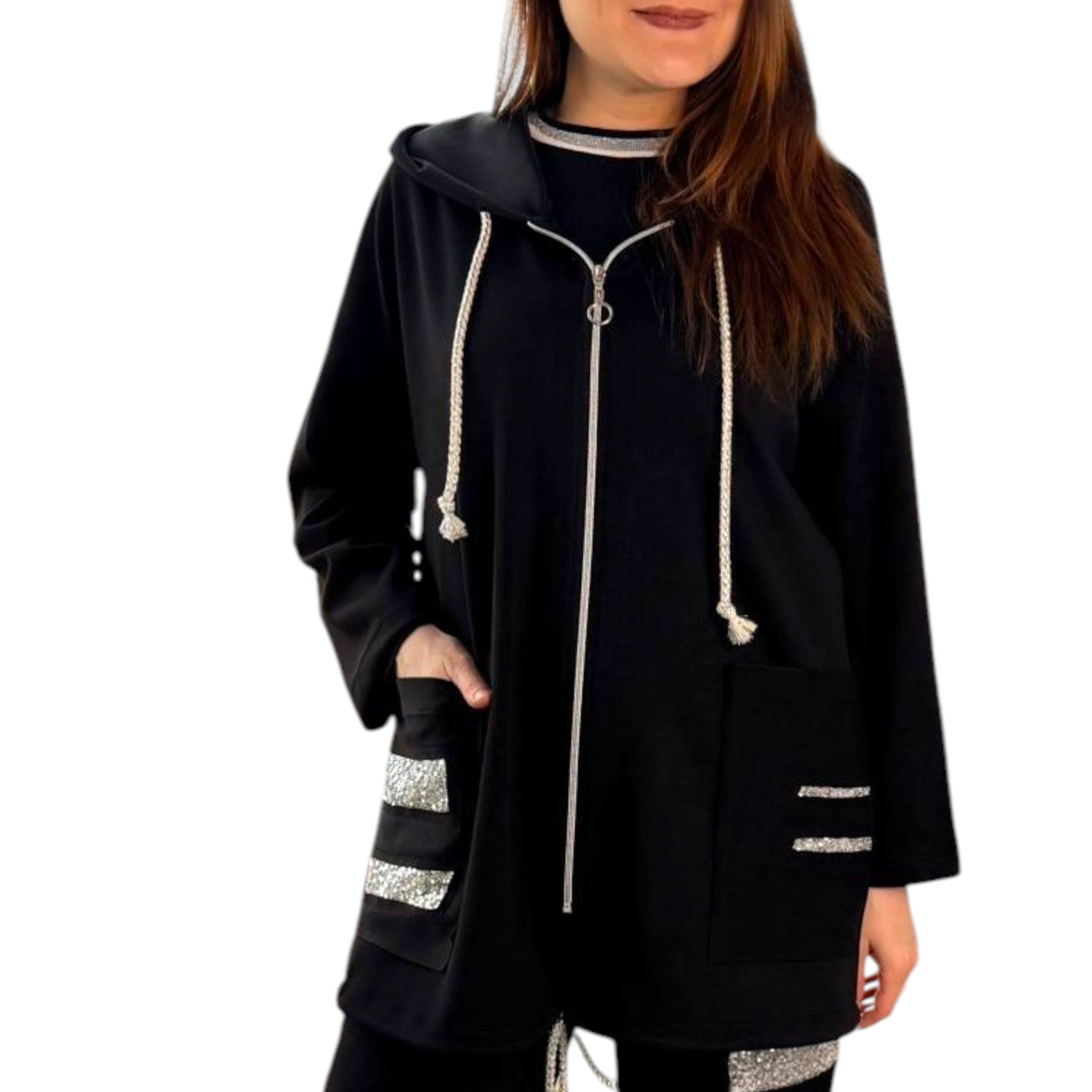 WENOR Kapuzensweatjacke Damen lang Oversize Zip Hoodie Strass Rücken Taschen Strass Details, Rücken Cut-Out Design, Oversize Schnitt