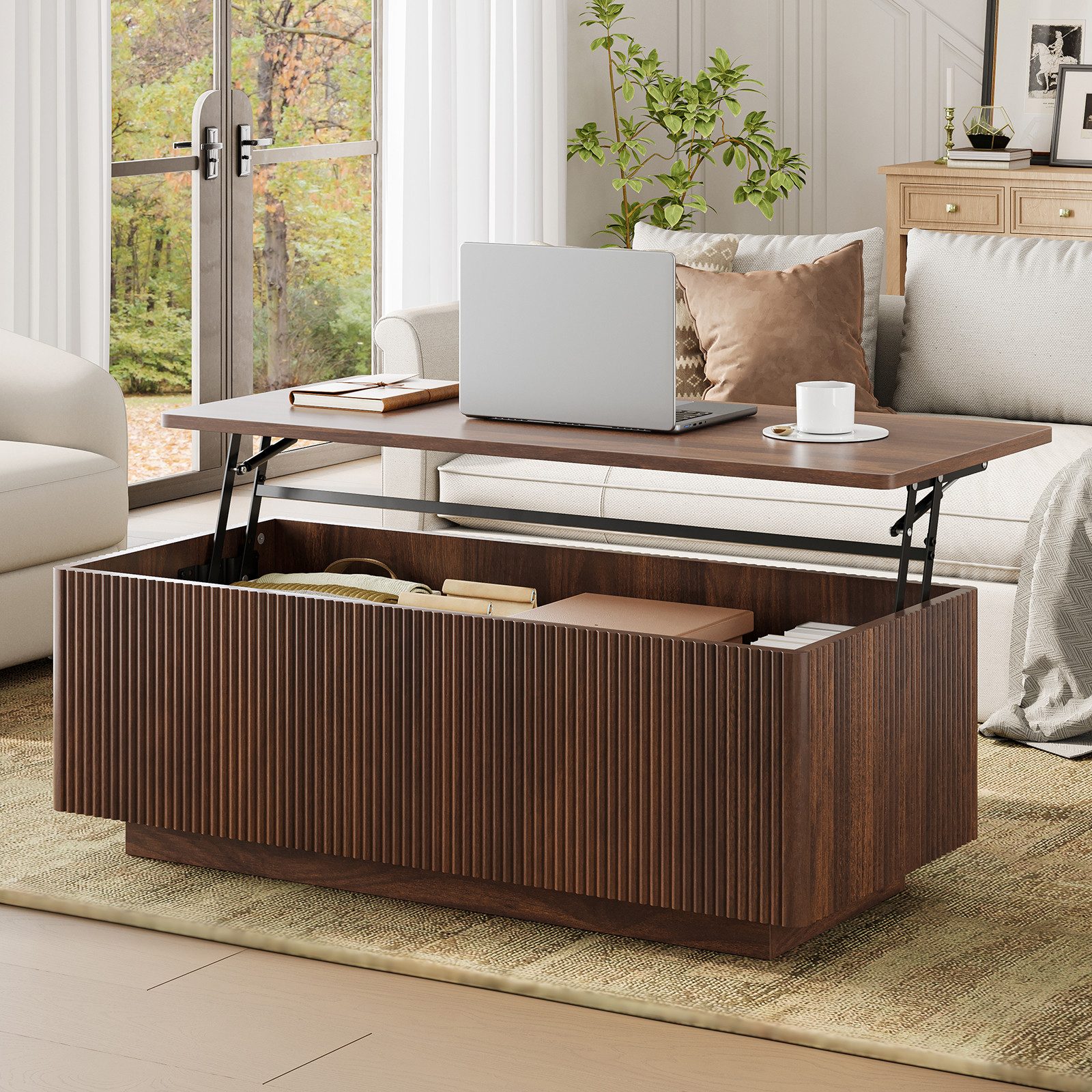 FABATO Couchtisch Lift-Couchtisch 106 cm mit großem verstecktem Stauraum (1-St., aufklappbar, Holz-Optik, Mid-Century-Modern-Stil, für Ihr Sofa), rechteckiges Fluted-Design mit abgerundeten Ecken