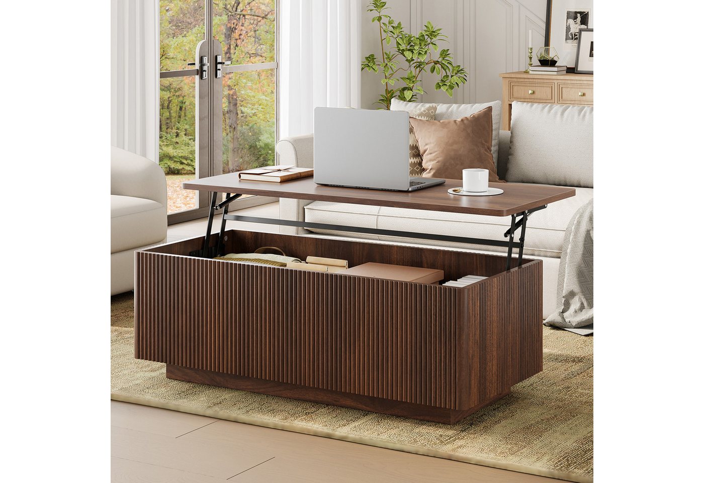 FABATO Couchtisch Lift-Couchtisch 106 cm mit großem verstecktem Stauraum (1-St., aufklappbar, Holz-Optik, Mid-Century-Modern-Stil, für Ihr Sofa), rechteckiges Fluted-Design mit abgerundeten Ecken