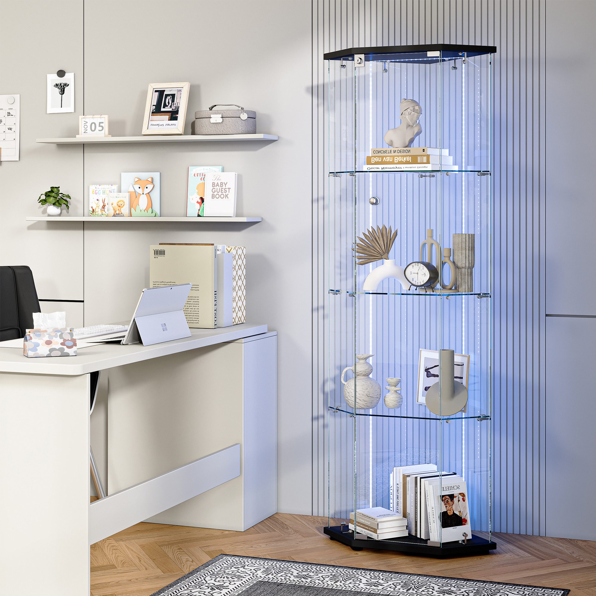FUROKOY Glasvitrine Fünfeckige Standvitrinen (Schwarz 5 Lagen Sammlervitrin günstig online kaufen
