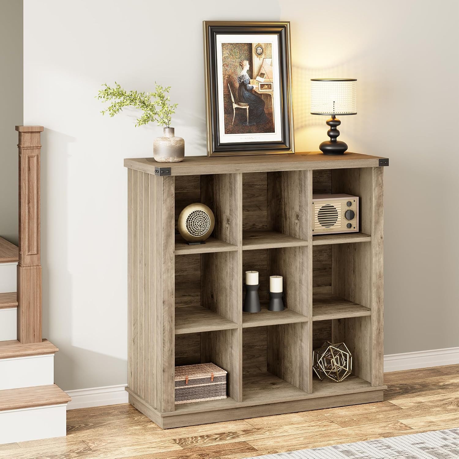 GarveeMore Bücherregal Regal mit 9 Fächern,4 Ebenen Holzregal für den Eingangsbereich, horizontales Bücherregal im Landhausstil,niedriges Bücherregal