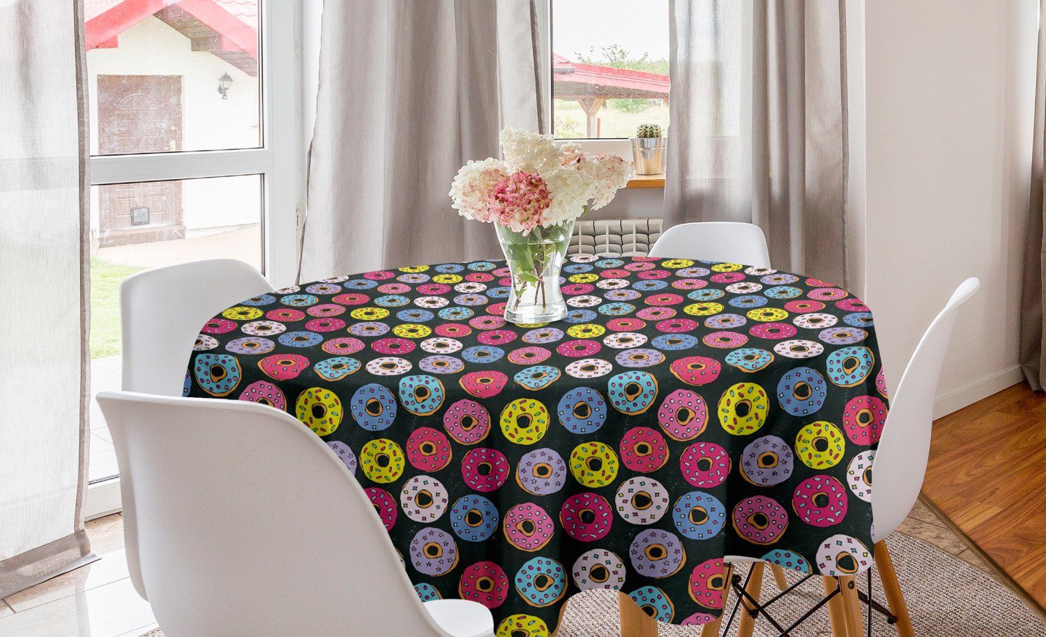 Abakuhaus Tischdecke Kreis Bunte Dekoration, Küche für Doodle Esszimmer Dessert Abdeckung Tischdecke Donuts Ring