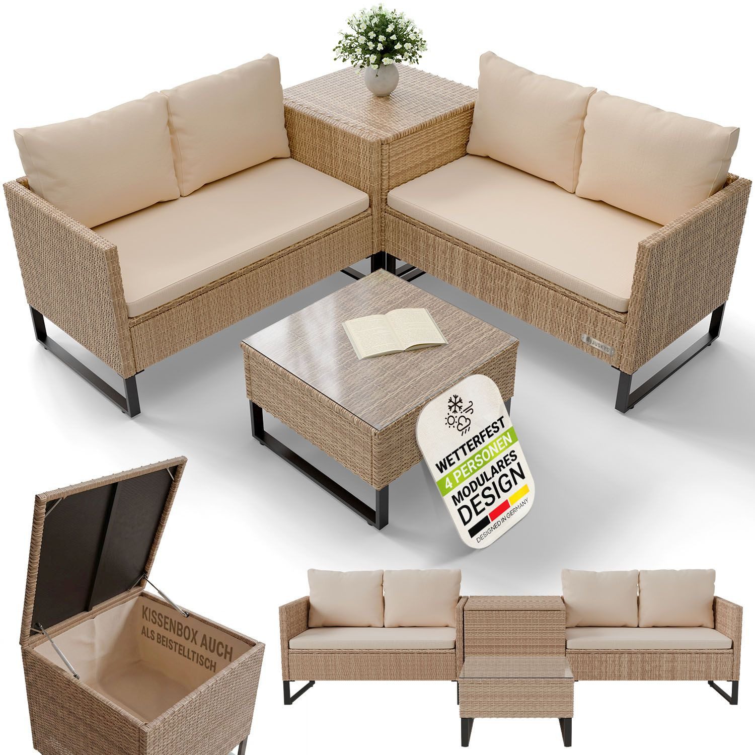Juskys Gartenlounge-Set Santorini, (4-tlg), Polyrattan Sitzgruppe mit Beistelltisch & Auflagenbox, wetterfest