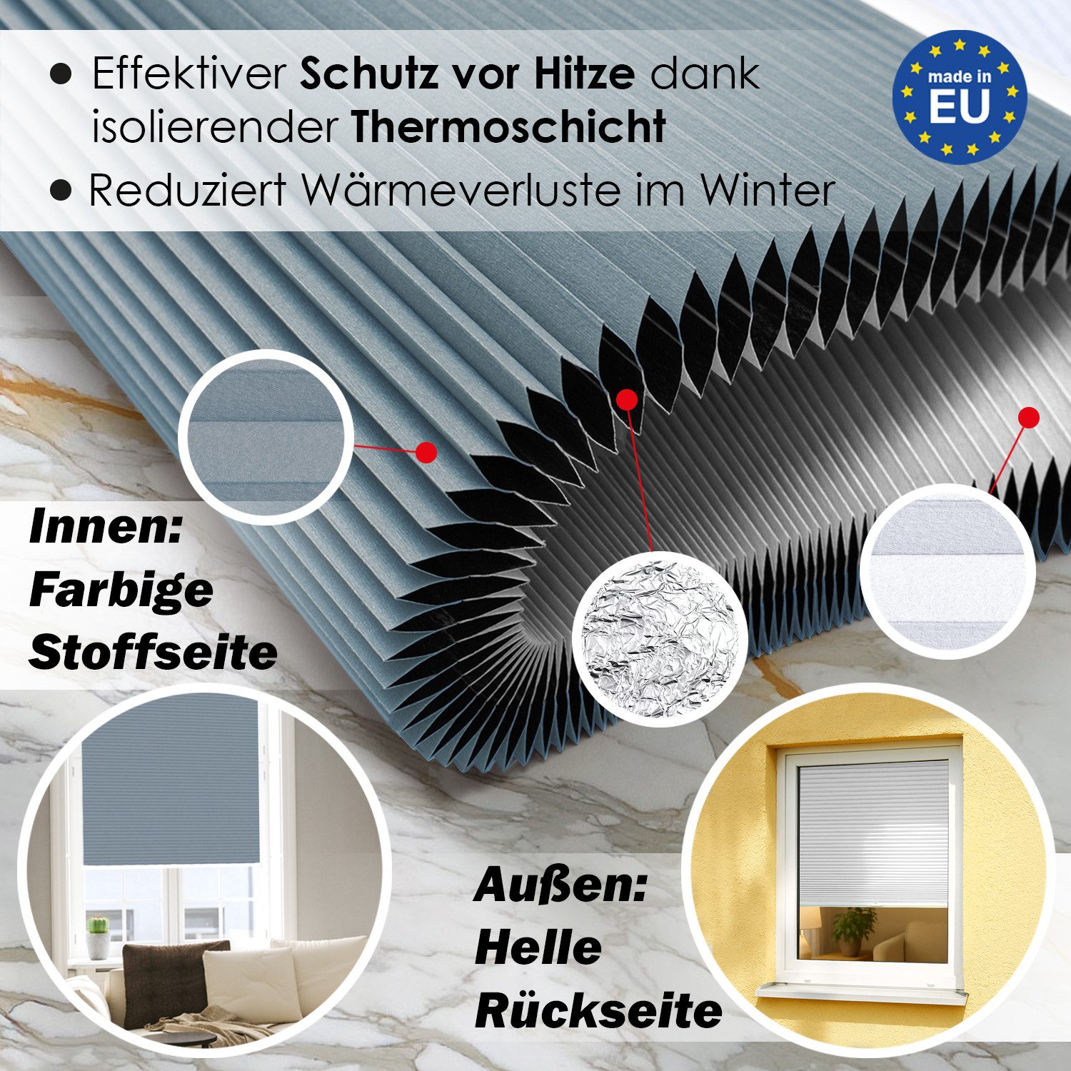 DomDeco Wabenplissee Thermo Plissee ohne Bohren - Hitzeschutz, Verdunkelung, verspannt, abdunkelnd, Klemmfix, stufenlos, kälteschutz, modernes Fensterplissee