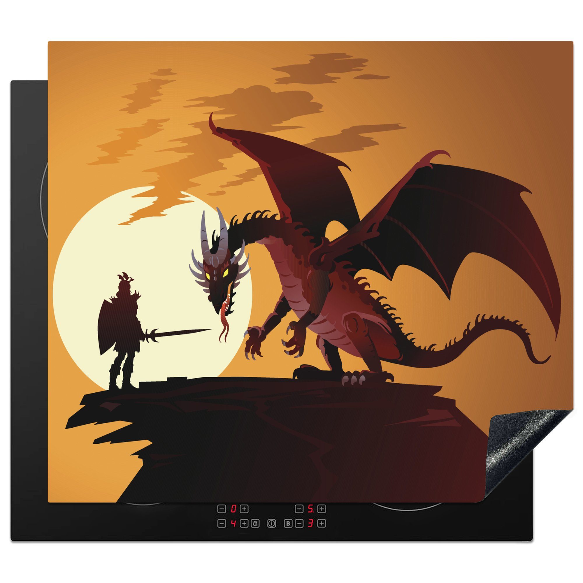 MuchoWow Herdblende-/Abdeckplatte Illustration eines Drachens und eines Ritters bei Sonnenuntergang, Vinyl, (1 tlg), 60x52 cm, Mobile Arbeitsfläche nutzbar, Ceranfeldabdeckung