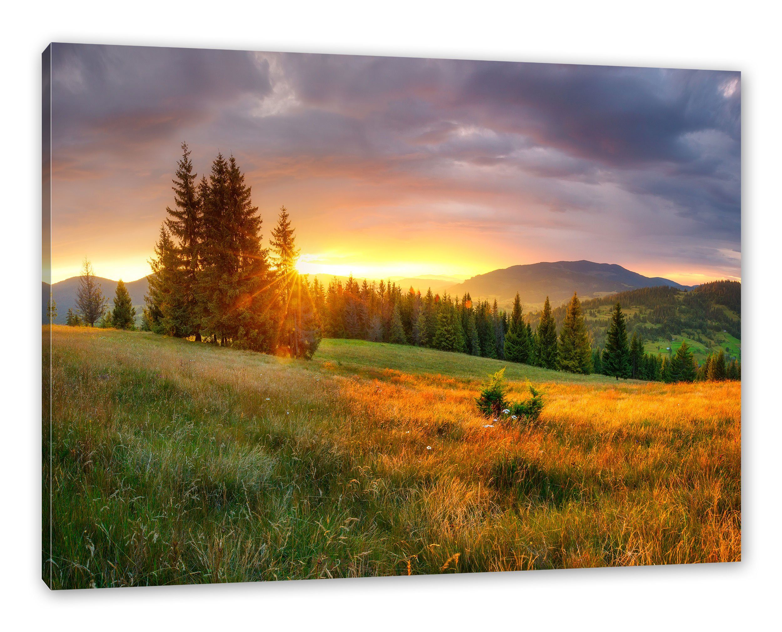 inkl. bei St), Pixxprint Leinwandbild Sonnenuntergang, Wiesenlandschaft Leinwandbild (1 bespannt, Zackenaufhänger Wiesenlandschaft fertig bei Sonnenuntergang