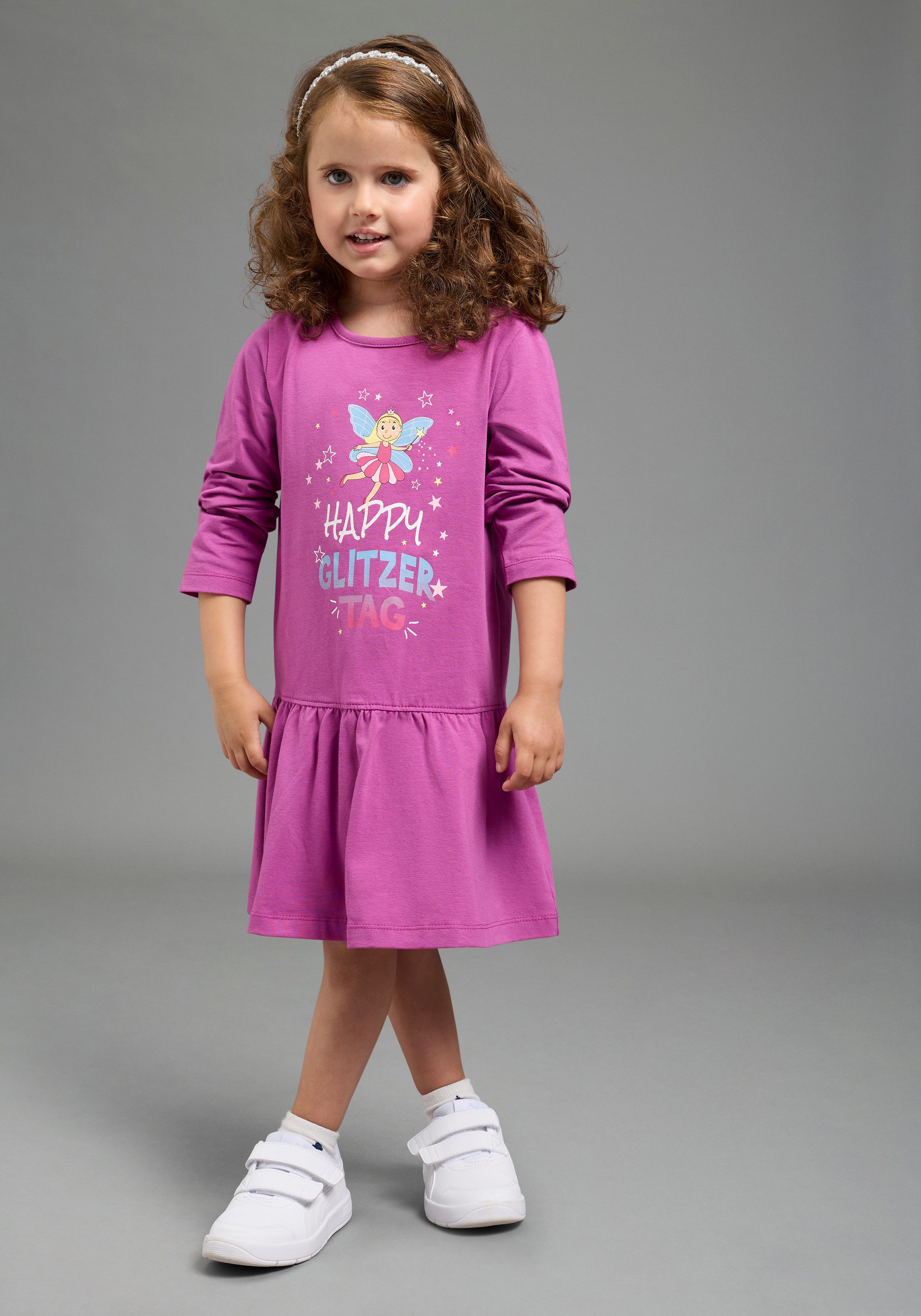 KIDSWORLD Jerseykleid HAPPY GLITZER TAG kniefreie Länge, verspielter Look, aus Baumwollmischung
