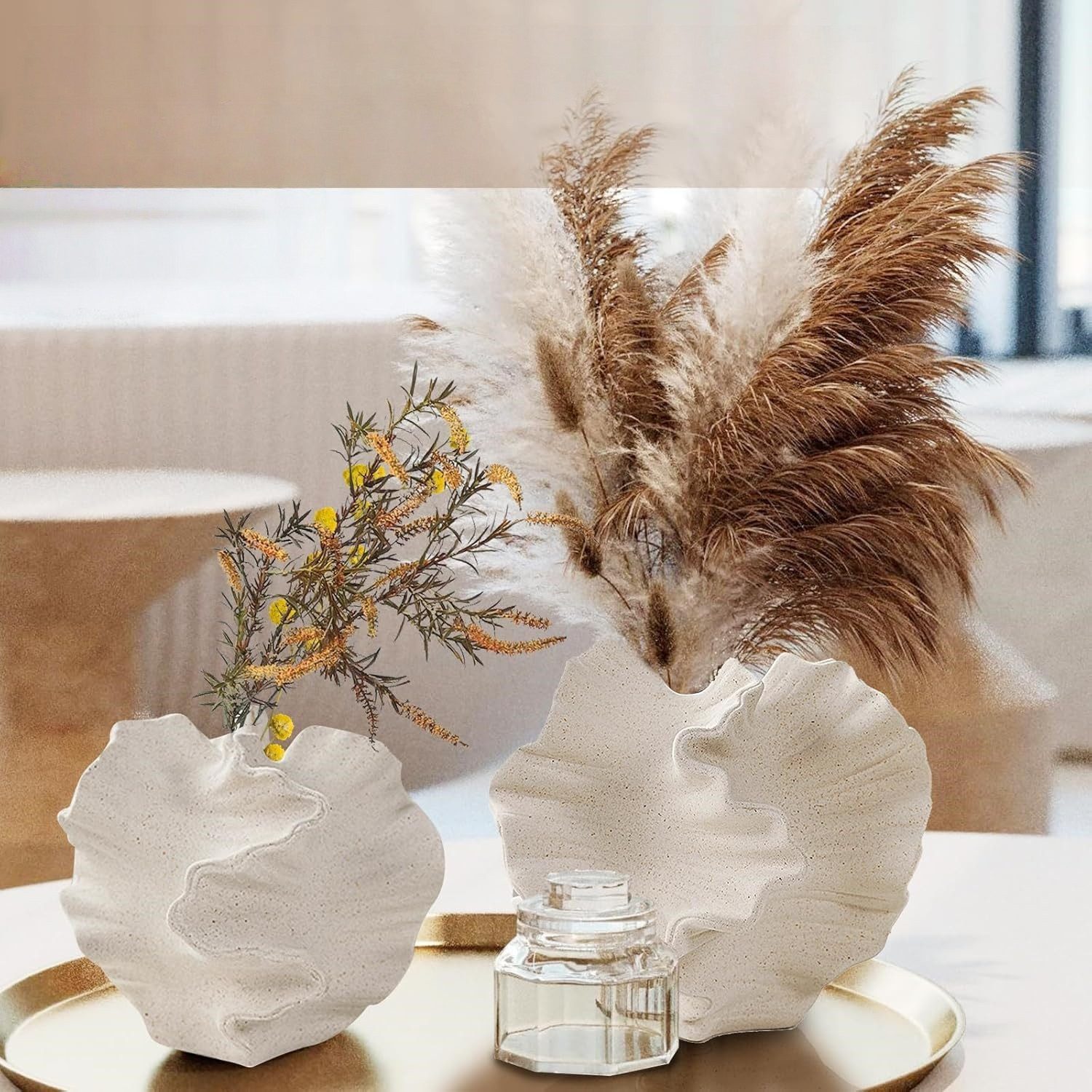 FOUORTUNATE-BEE Dekovase Keramik Vase Beige Moderne Vasen für Nordisches Vasen Deko (Boho Blumenvase, für Zuhause, Wohnzimmer, Büro, Bauernhaus, Couchtisch Deko – Bild 2 von 5