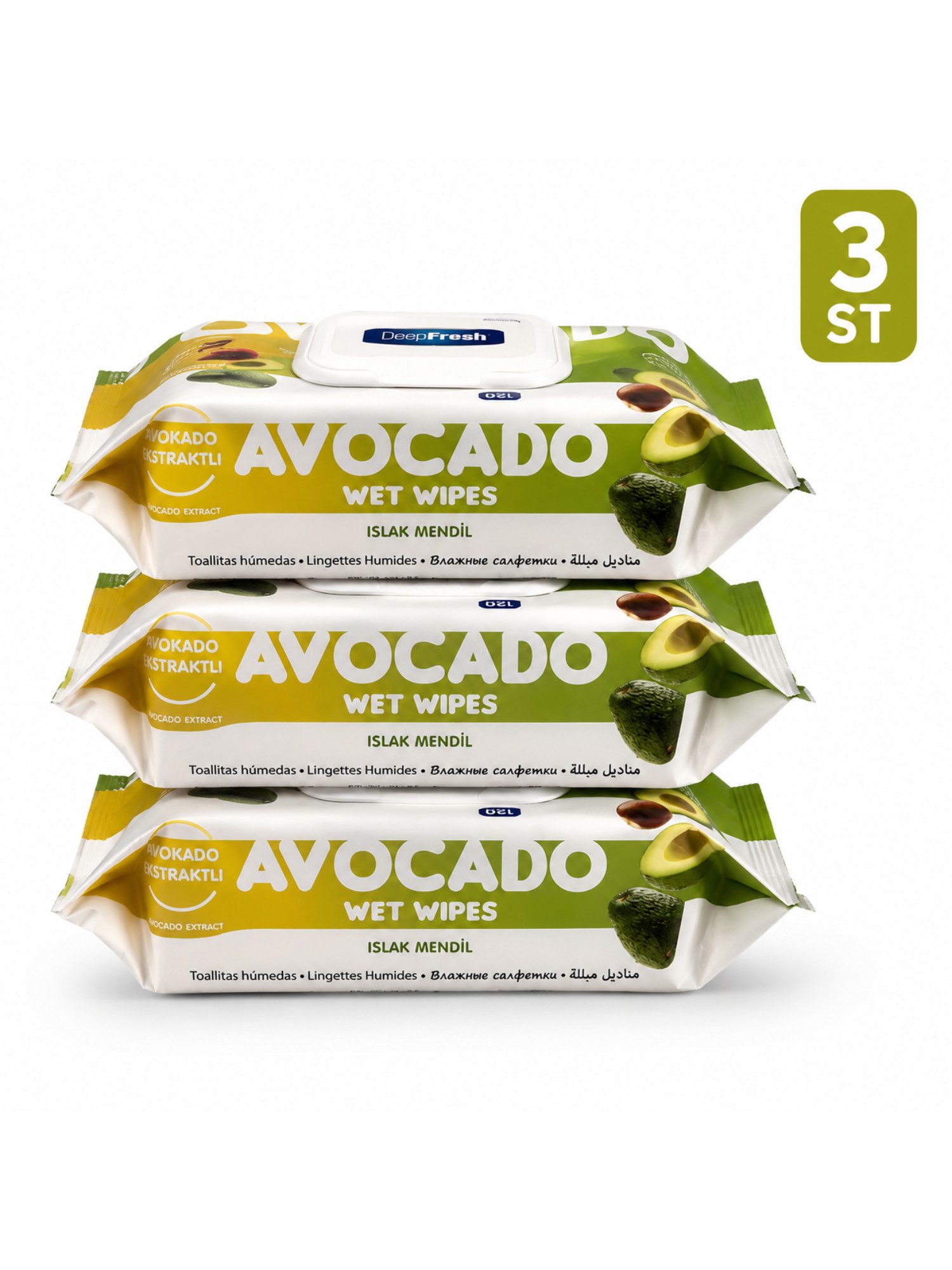 Deep Fresh 120 Tücher mit Klappdeckel, pH-hautneutral, alkoholfrei Reinigungstücher (Avocado, 3-tlg., 1 Packung mit 120 Reinigungstüchern, Alkoholfrei pH-hautneutral Vegan Animal Test Free GMP-zertifiziert)