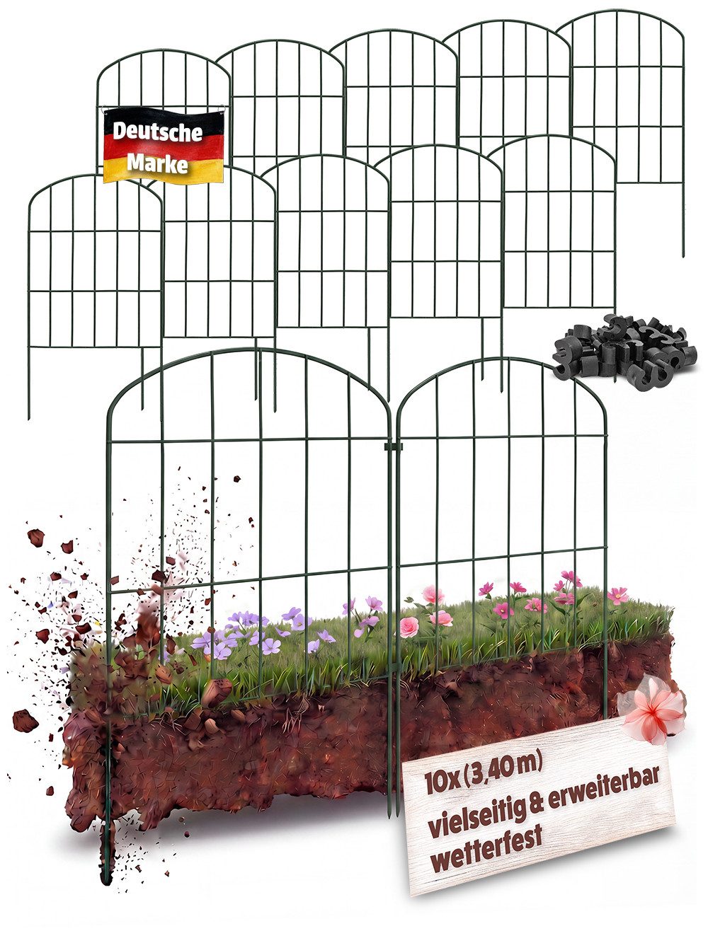 V2Aox Gartenzaun Zaun Gartenzaun Steckzaun Teichzaun 10 Zaunelemente 43 cm Grün