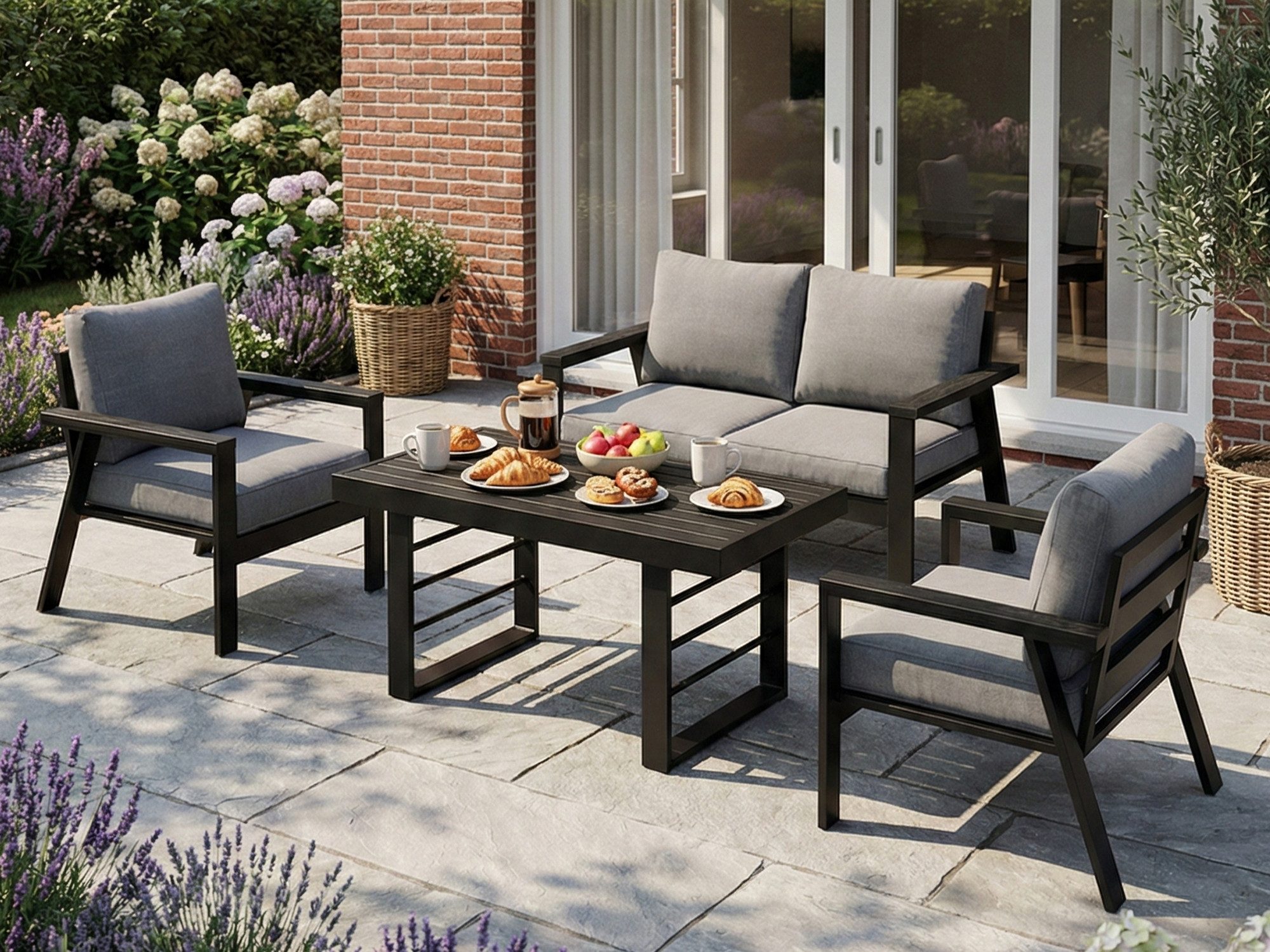 MeXo Gartenlounge-Set Gartenmöbel Set Aluminium 4 Personen Bequeme Lehne, (Garten Essgruppe, 76 cm Extra breite Sitze mit Ergonomische Rückenlehnen, 4-tlg., Esstisch 130x66x66cm), Wetterfest Balkonmöbel set, Dining Lounge, Tischplatte aus WPC