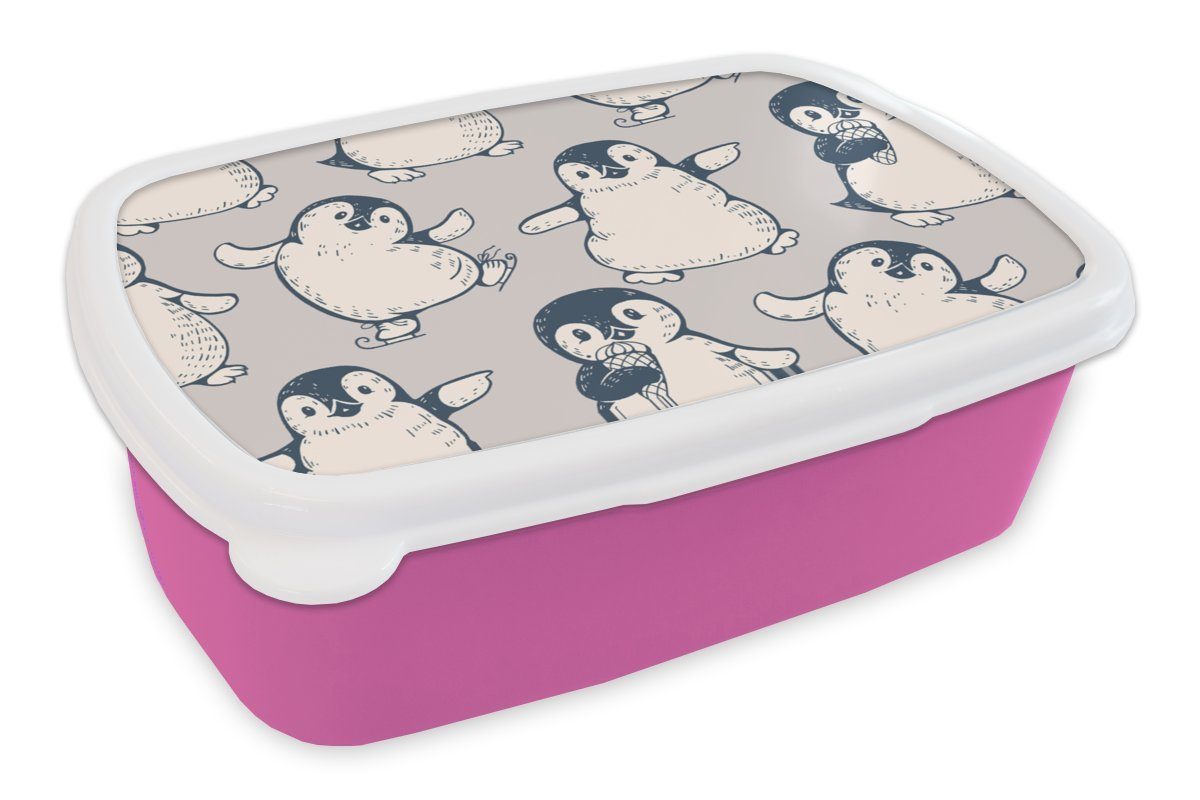 Lunchbox rosa Muster - Kunststoff - Kinder, Mädchen, Eis, Snackbox, Kunststoff, (2-tlg), MuchoWow Brotbox für Erwachsene, Pinguin Brotdose