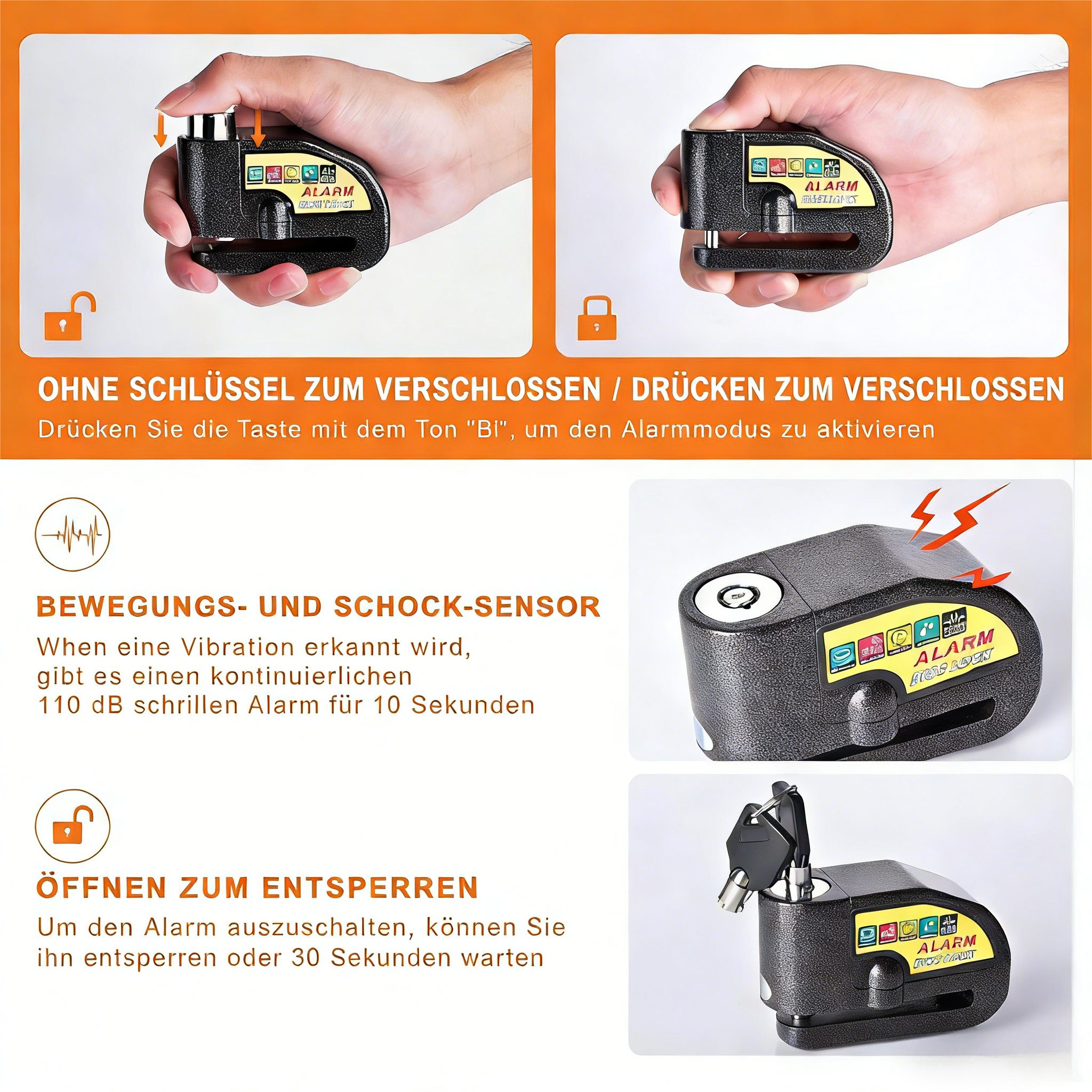 Toomoke Rahmenschloss Bremsscheibenschloss mit 110dB,Diebstahlsicherung,Fahrradschlösser (für Motorrad, Fahrrad, Scooter,Aluminiumgehäuse, Wetterfest & Staubdicht, Motorrad Schloss Alarm, Fahrrad Alarmanlage, 1,2 m Erinnerungskabel)