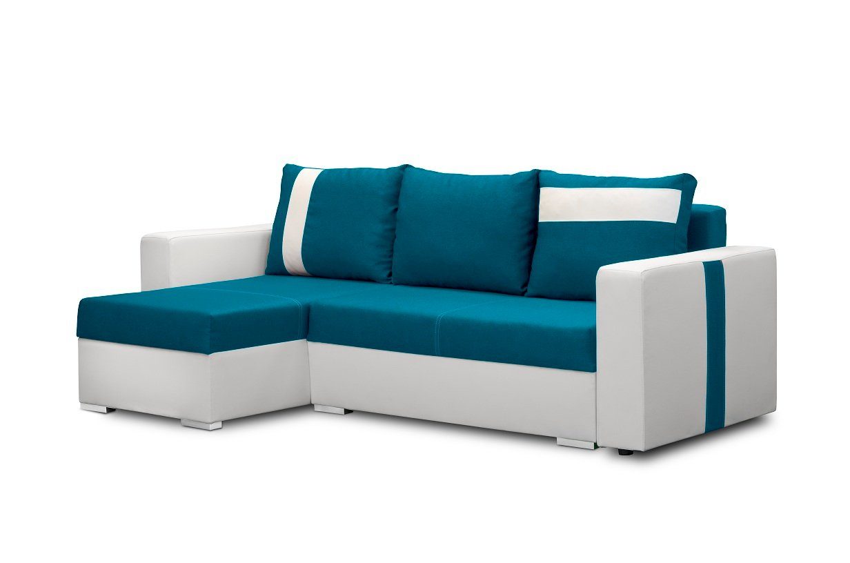 Furnix Schlafsofa NIPPUR Sofa in L-Form Polstercouch mit Schlaffunktion, 2x Bettkasten, DL-Ausziehautomatik, Maße: B230 x H90 x T145 cm, Sitzhöhe: 45 cm BH16+SF17 Weiß/Blau