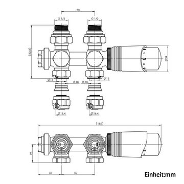 ELEGANT Heizkörperthermostat Multiblock Set für Heizkörper Anschlussarmatur Eck- und Durchgangsform mit Thermostatkopf, 50mm G 1/2", mit Thermostatkopf, 50mm G 1/2"