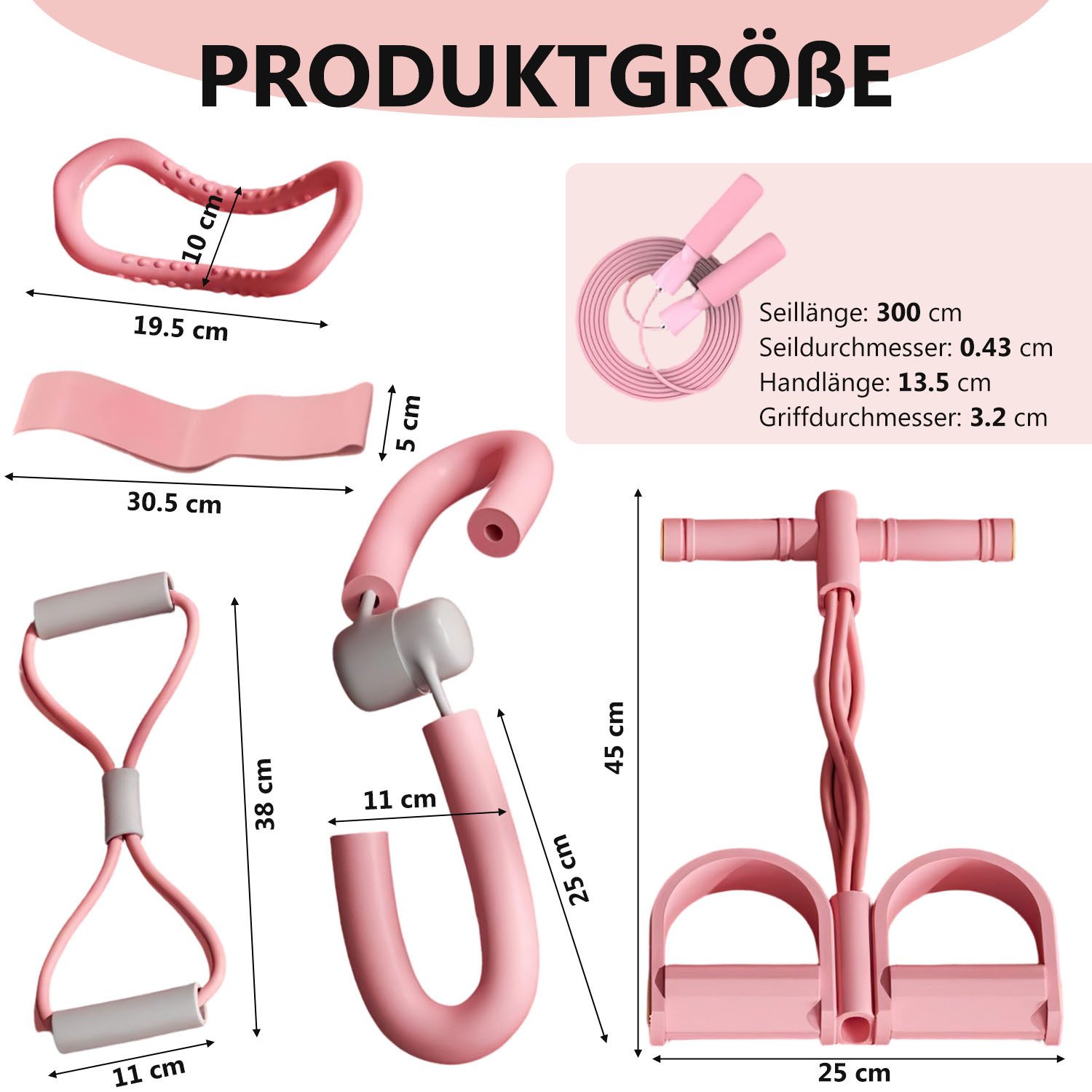 HEYHIPPO Multitrainer 6-teiliges Yoga- und Fitness-Set, Pink, Ganzkörpertraining zu Hause, (Sixpack, Platzsparendes Yoga-Set, rutschfestem Griff und ergonomischem Design), Heim-Workout Set,Trainingsbänder, Expander & Sprungseil für Ganzkörper