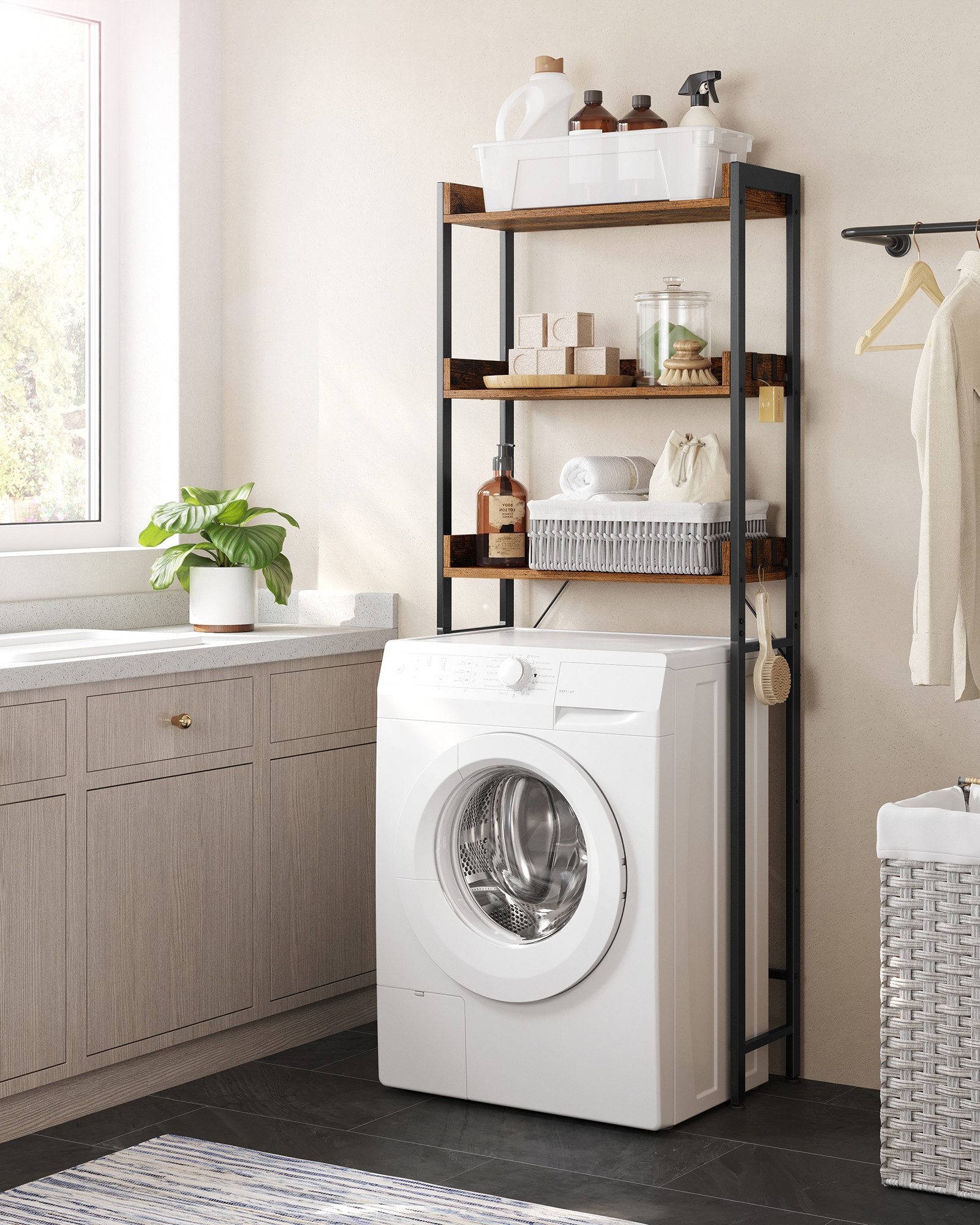 VASAGLE Badregal Toilettenregal, Waschmaschinenregal,Badezimmerregal, 3 offenen Ablagen