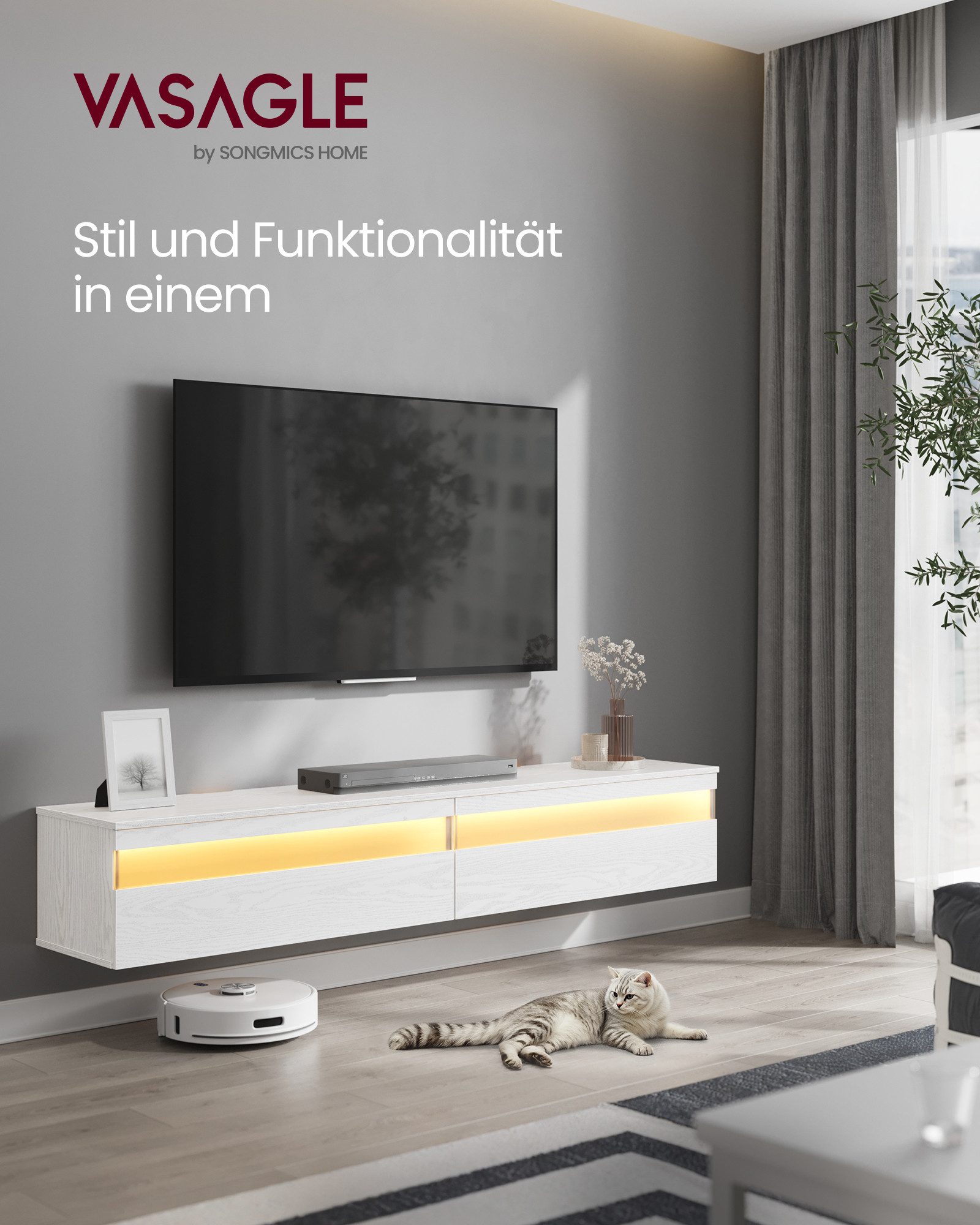 VASAGLE TV-Schrank TV-Lowboard, TV-Board hängend, Hängeschrank Wohnwand für verschiedene Fernseher, modern, Breite 147/178 cm