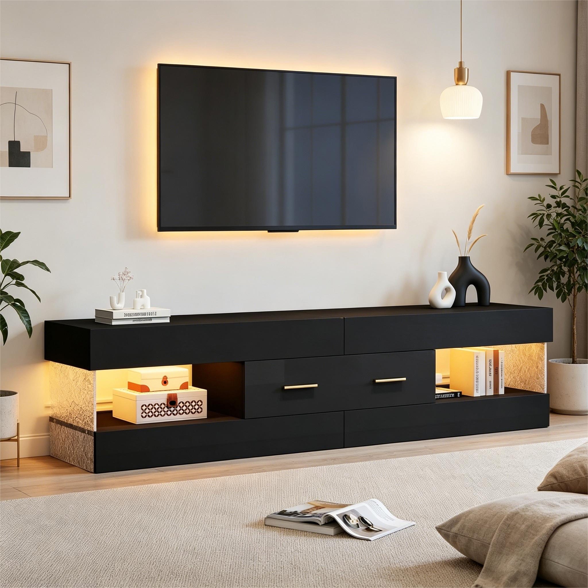 STILVORA Lowboard in Schwarz TV Schrank mit Acrylglasplatte Aufbewahrungsschrank mit LED (LED-TV-Lowboard, 2 Schubladen, offene Ablage, Acrylglas, 152×35×40cm, Hochglanz-Schwarz, kratzfest, wasserabweisend), für Wohnzimmer, TV-Zonen und moderne Entertainment-Bereiche