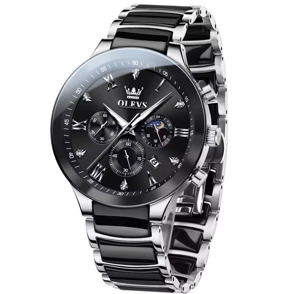 Quarzuhr Olevs 7004 Herren Luxus Chrono Keramikeinlagen Schwarz Silber 7004