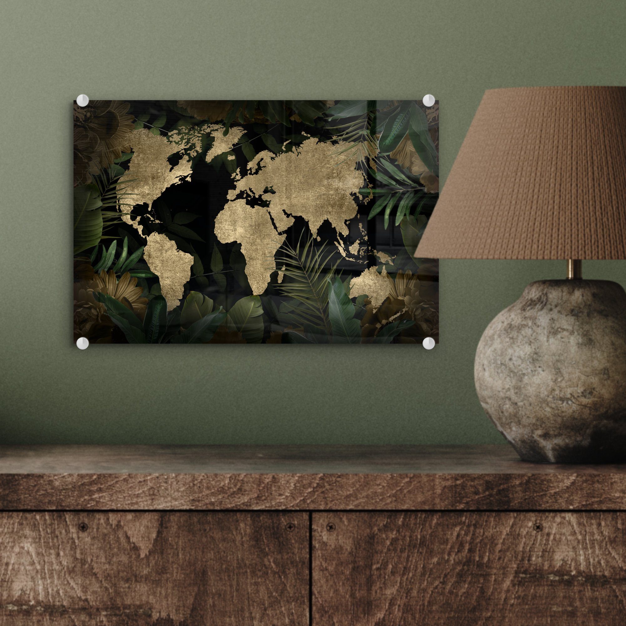 Pflanzen, Bilder Glas Wandbild auf Weltkarte - - - Wanddekoration MuchoWow St), auf - Foto - Tropische Glasbilder (1 Acrylglasbild Vintage Glas