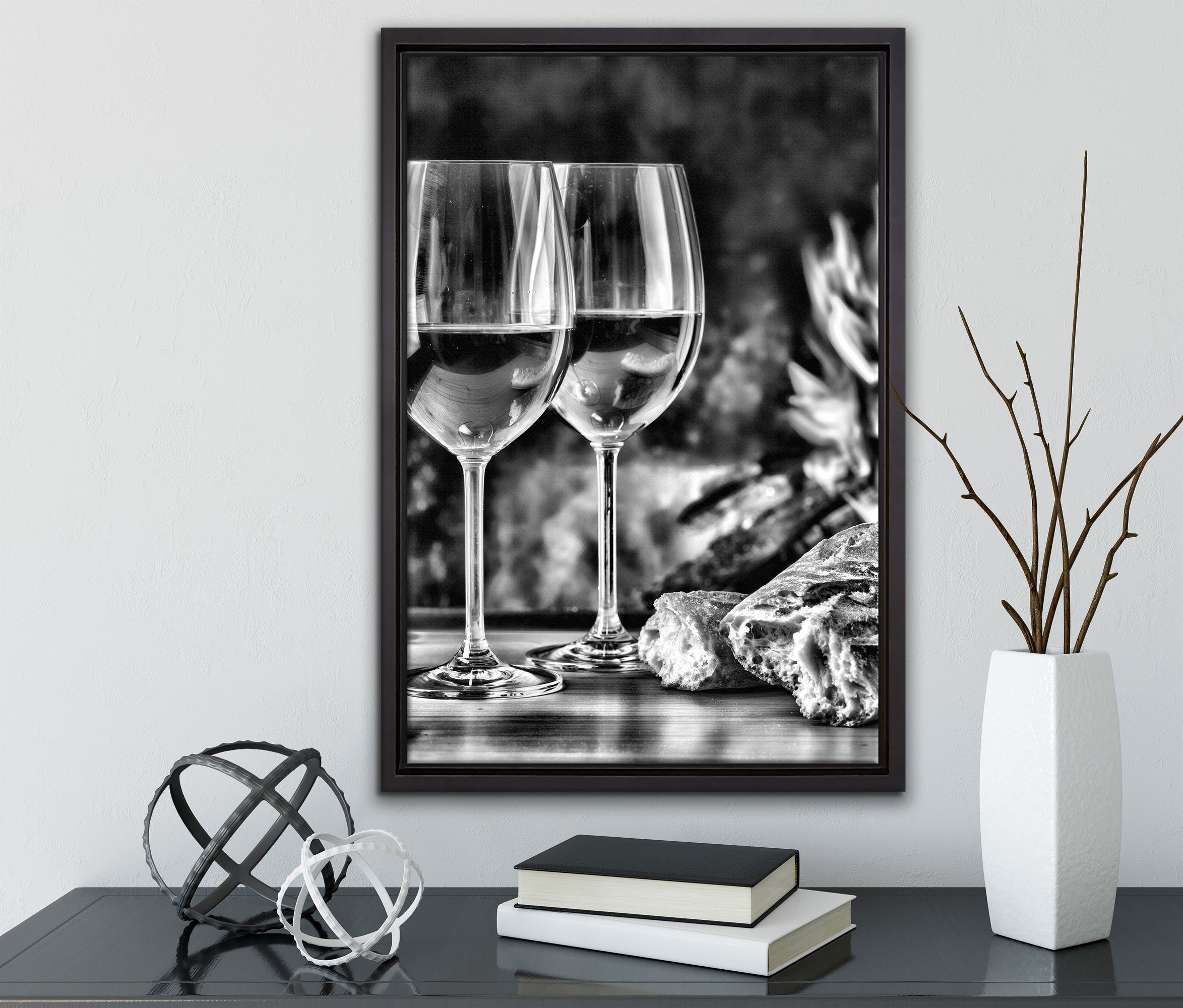 Pixxprint Leinwandbild Baguette Wein Schattenfugen-Bilderrahmen gefasst, St), Leinwandbild bespannt, inkl. in (1 Alkohol, einem fertig Wanddekoration Zackenaufhänger