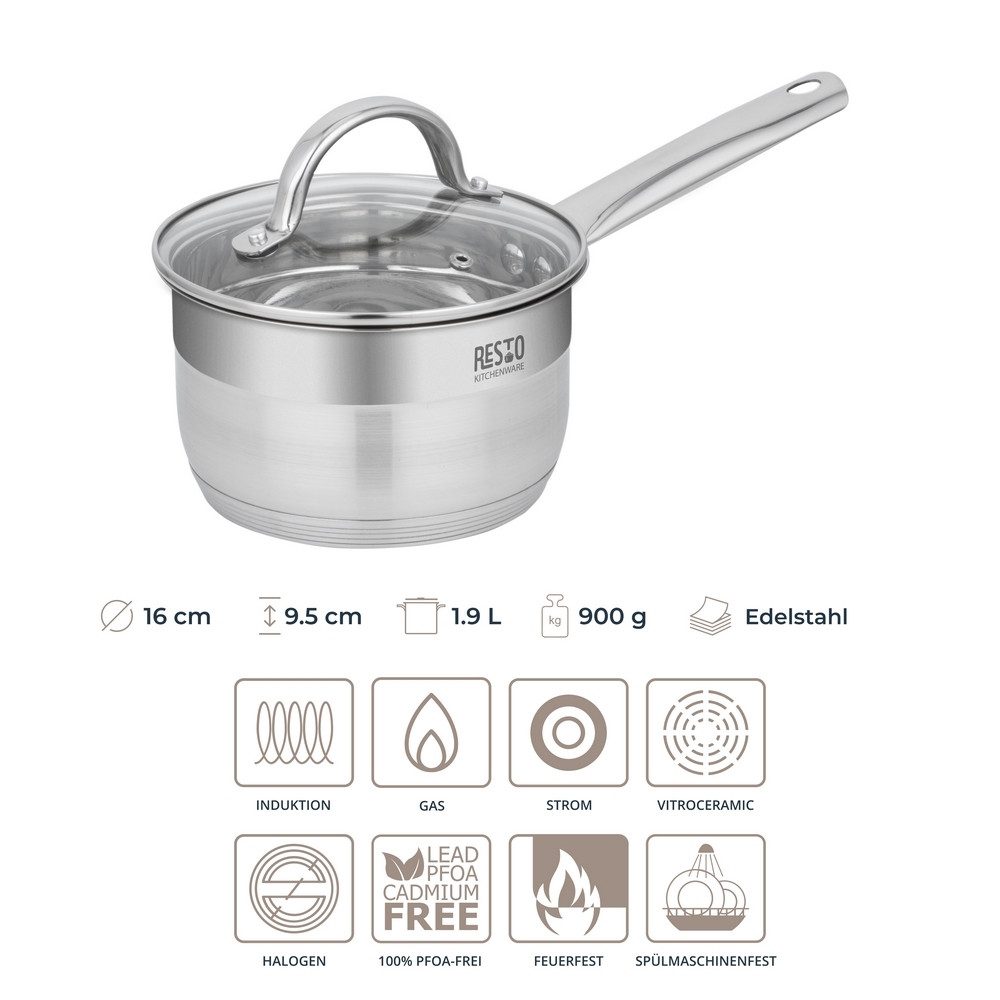RESTO Kitchenware Kasserolle Rigel, Soßentopf 1,9 l, energiesparend und spülmaschinenfest, Edelstahl 18/10 (2-tlg), mit hitzebeständigem Glasdeckel, im Geschenkkarton