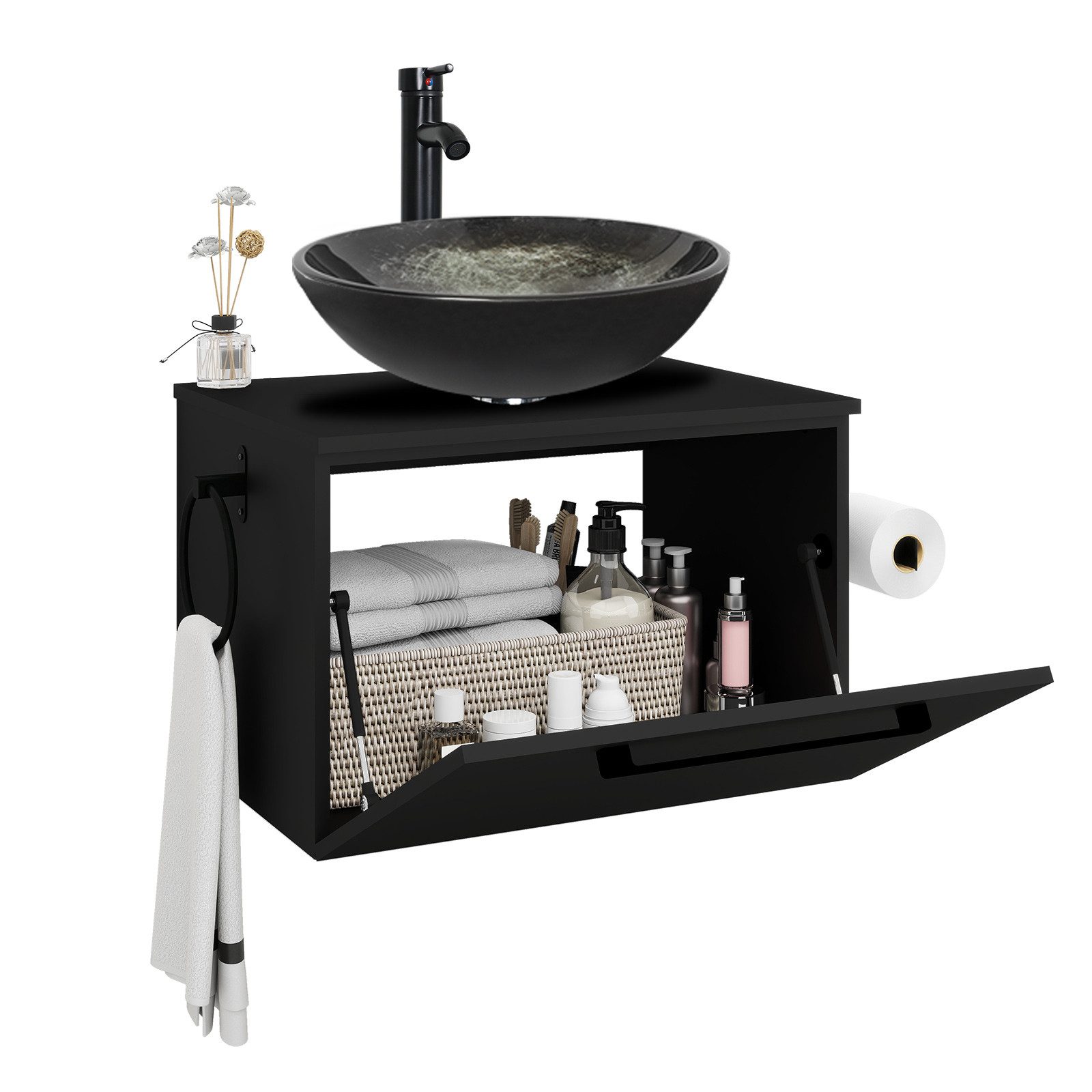 Puluomis Badezimmer-Set Waschbeckenunterschrank 60cm mit Waschbecken, (mit Handtuchring, Klopapierhalter)