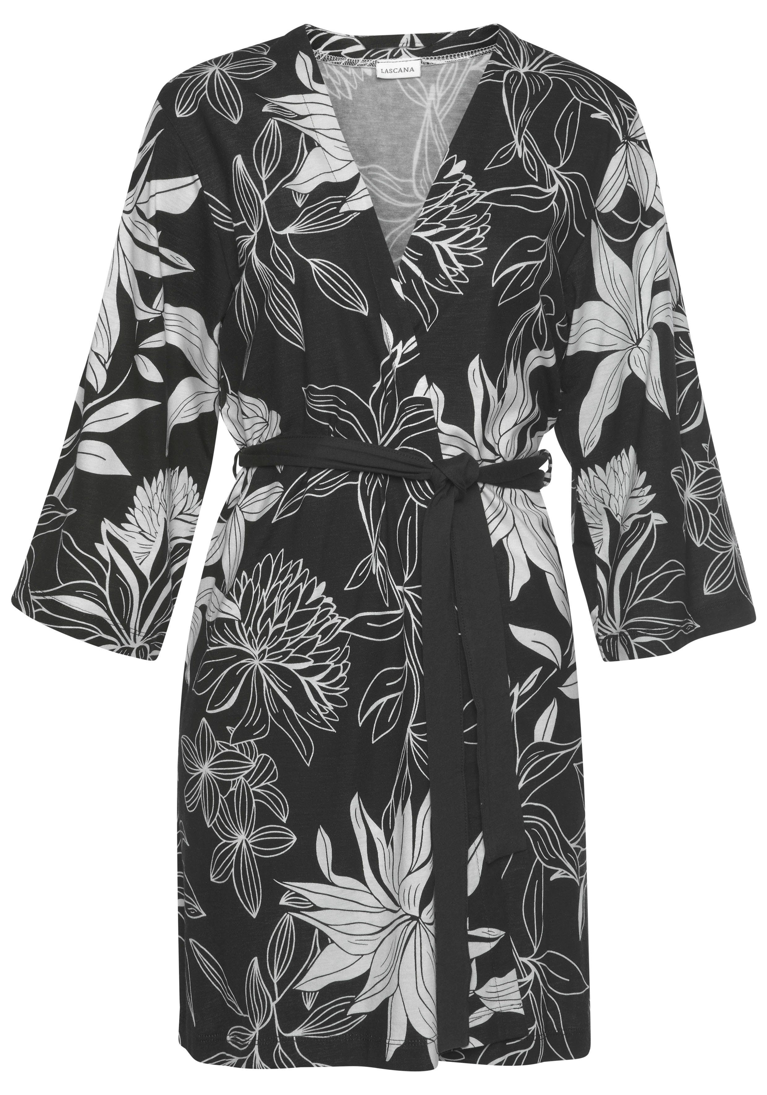 Kimono, schwarz Druck Single-Jersey, Kurzform, floralem LASCANA mit Gürtel, Kimono-Kragen,