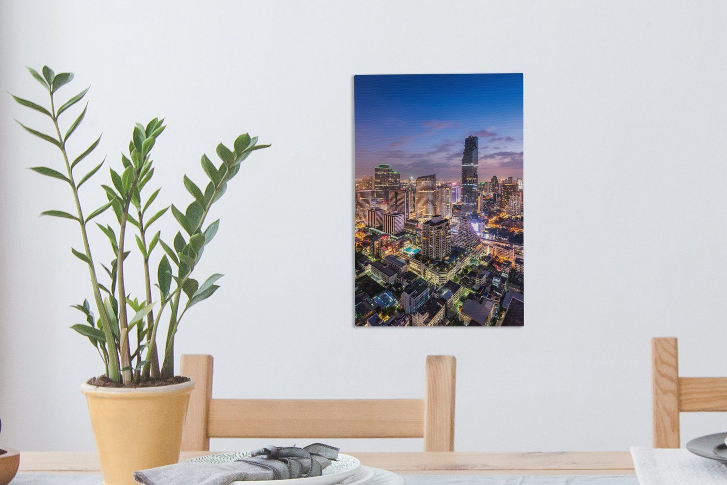OneMillionCanvasses® Leinwandbild Bangkok - - Leinwandbild Zackenaufhänger, (1 inkl. bespannt Stadt Gemälde, fertig cm 20x30 Abend, St)