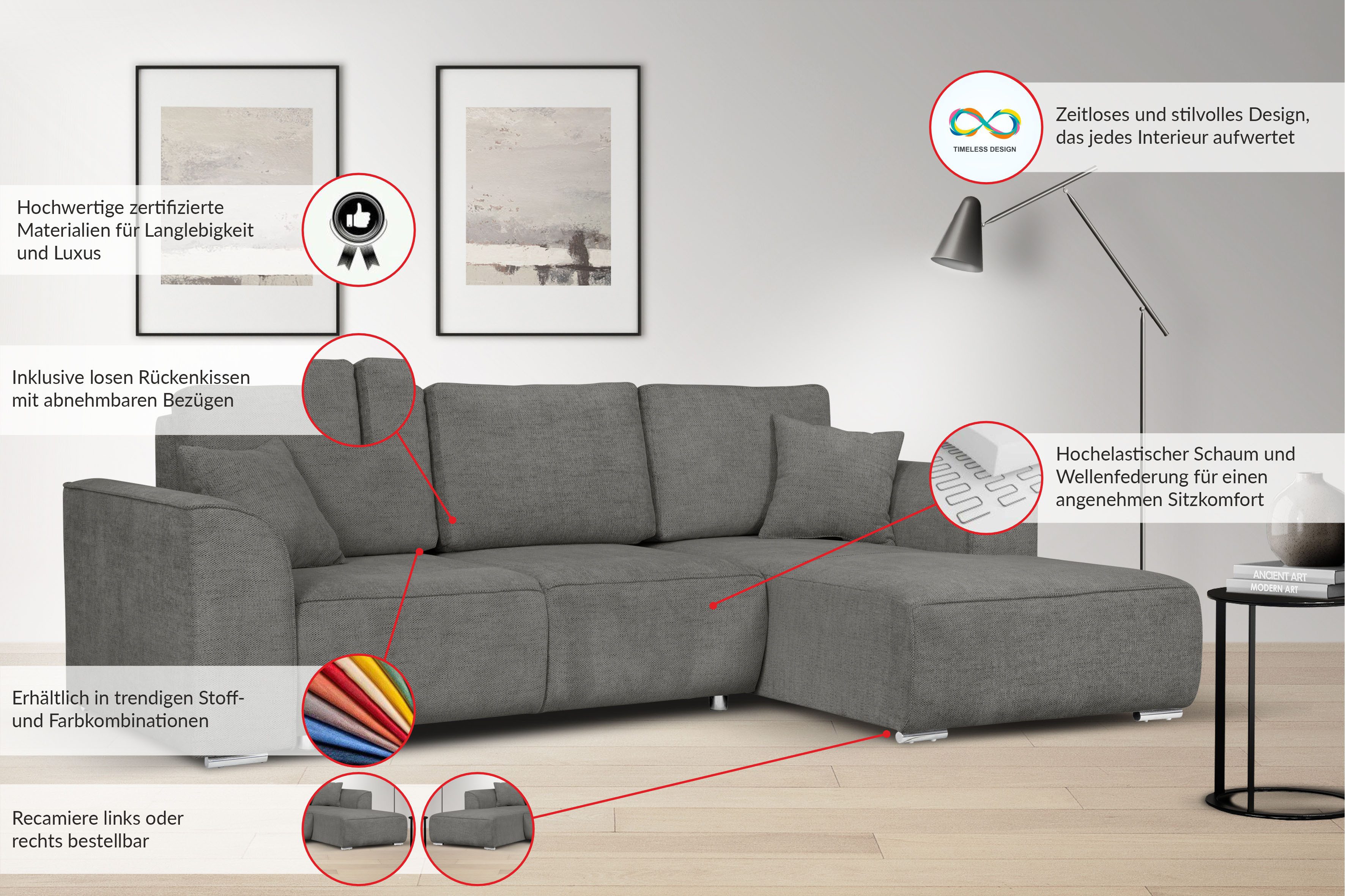 OTTO home Ecksofa BEATRICE optionale Schlafsofa mit Bettkasten, B/T/H: 265/170/86 cm, L-Form, wahlweise auch mit Bettfunktion und Bettkasten