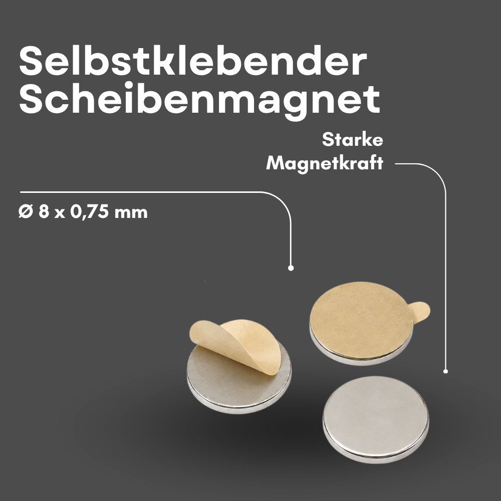 MaajeeKuto Magnet 3M Neodym Scheibenmagnet Ø8x0,75 mm selbstklebend N42 – 0,37 kg (8-St) – Bild 3 von 5