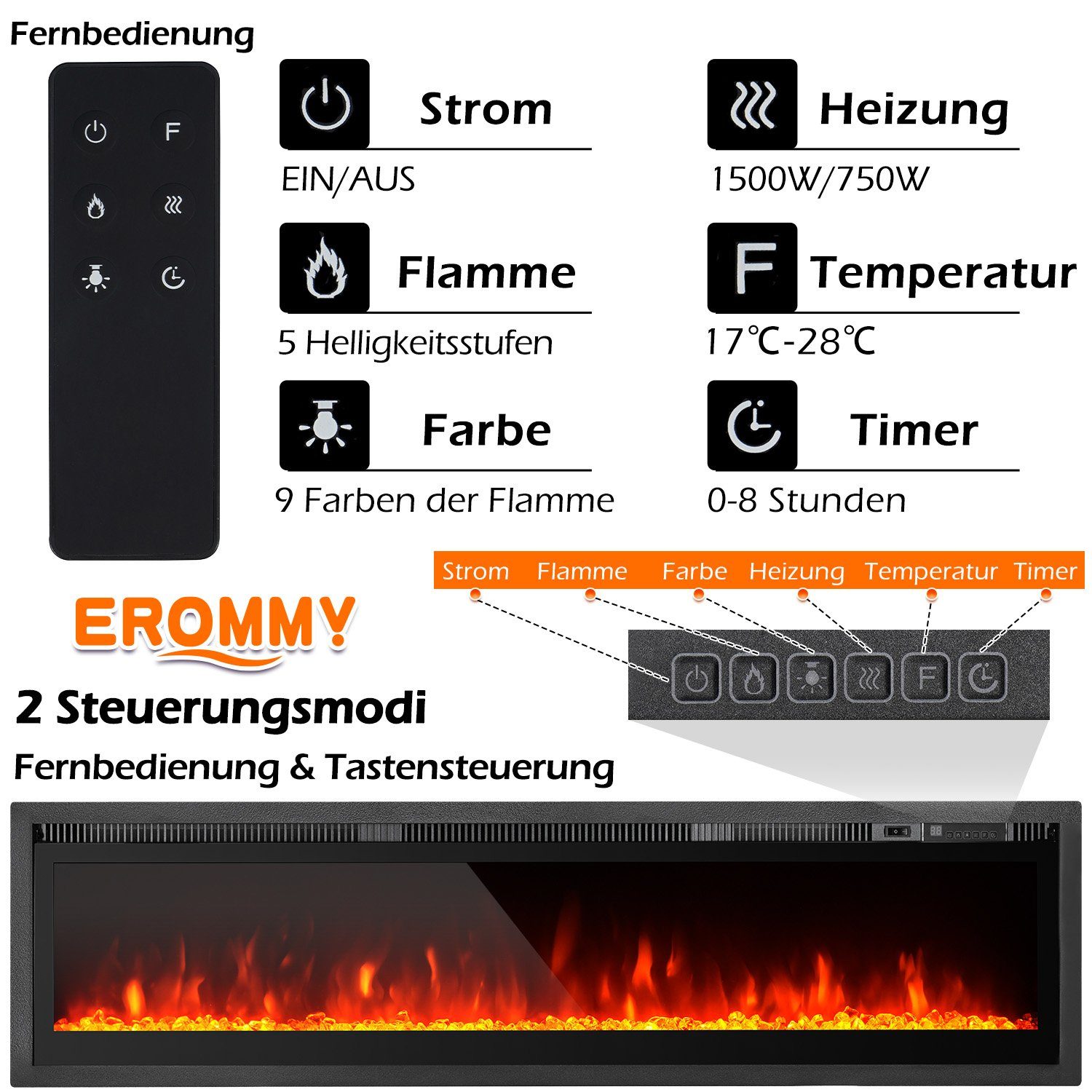 750W-1500W, EROMMY Fernbedienung Eingebaut, der Freistehend, 101,6cm/127cm Elektrokamin 9-farbig Wand An Flammeneffekt, Ulife montiert,