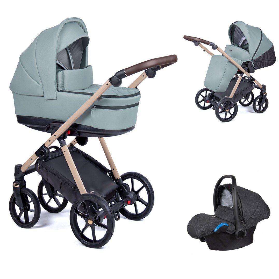 babies-on-wheels Kombi-Kinderwagen 3 in 1 Kinderwagen-Set Axxis - 15 Teile - in 24 Designs Opalgrün = gestell beige