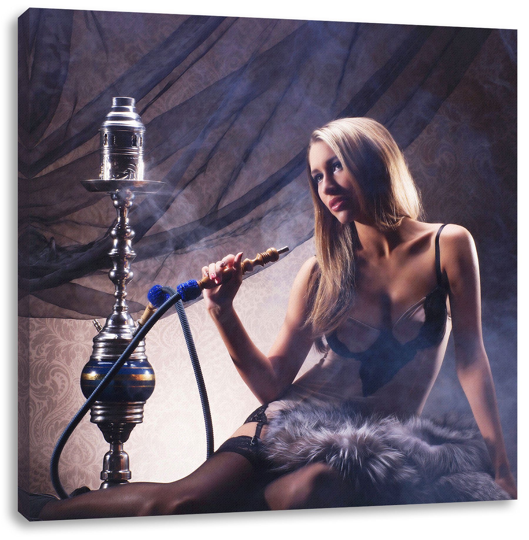 Pixxprint Leinwandbild Schöne Frau mit Shisha, Schöne Frau mit Shisha (1 St), Leinwandbild fertig bespannt, inkl. Zackenaufhänger