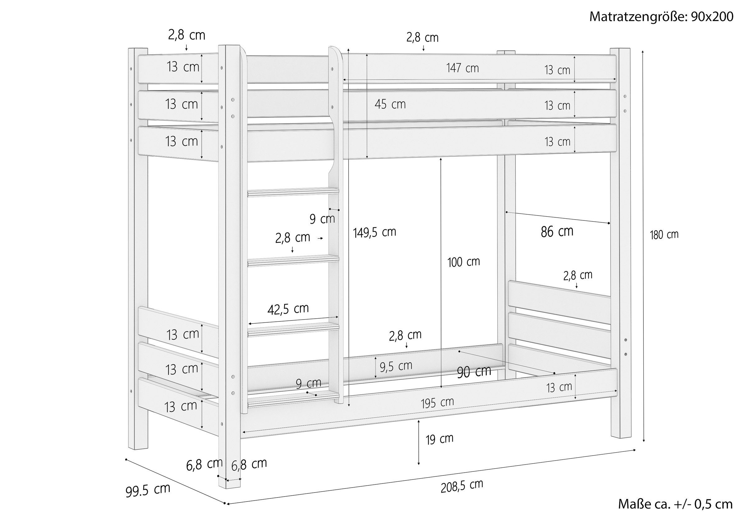 ERST-HOLZ Etagenbett Weißes Etagenbett 90x200 cm Extra Stabil Kiefer Massiv Nische 100