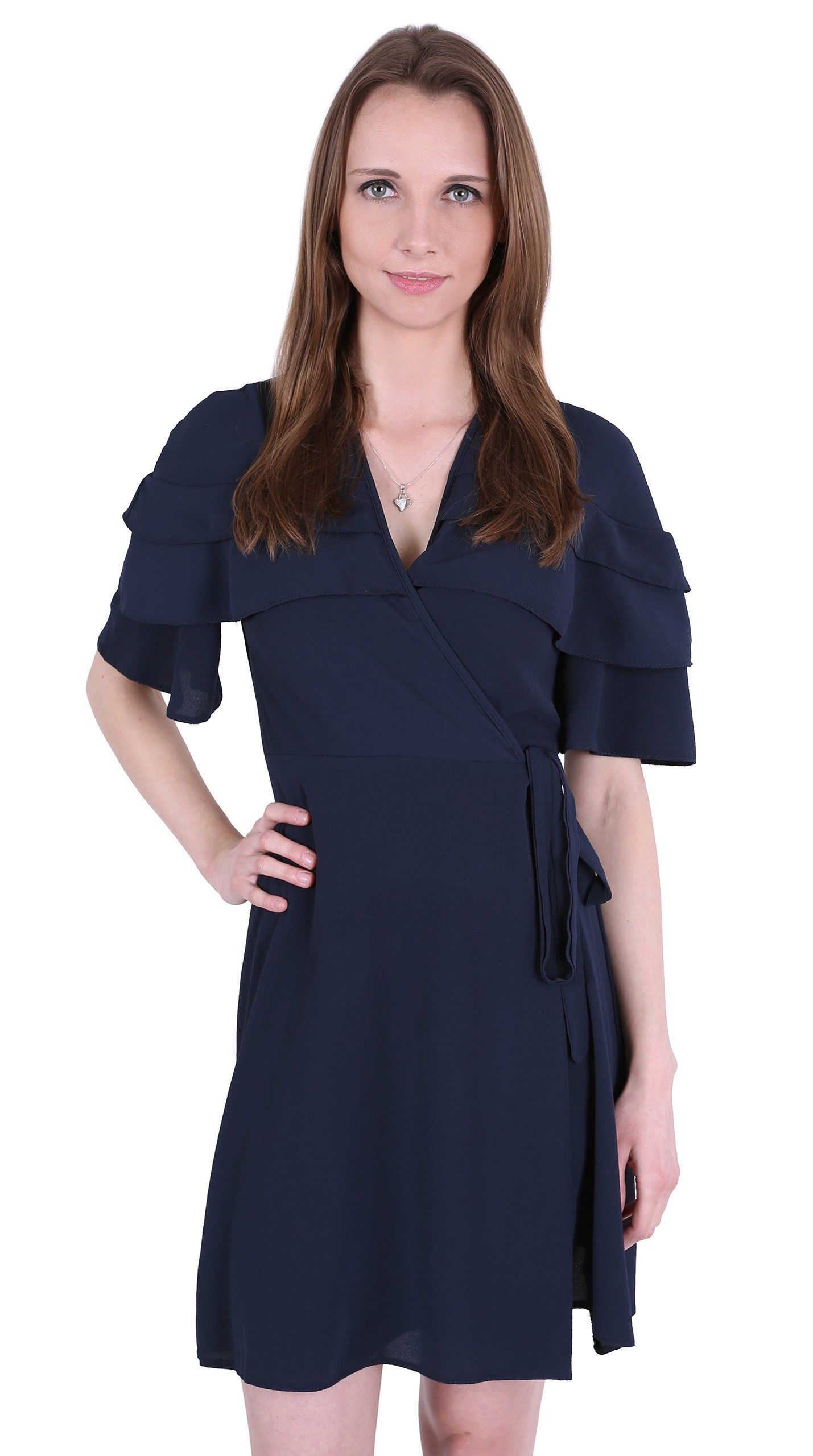 Cocktailkleid John Zack Marineblaues Kleid mit Rüschen an den Ärmeln L