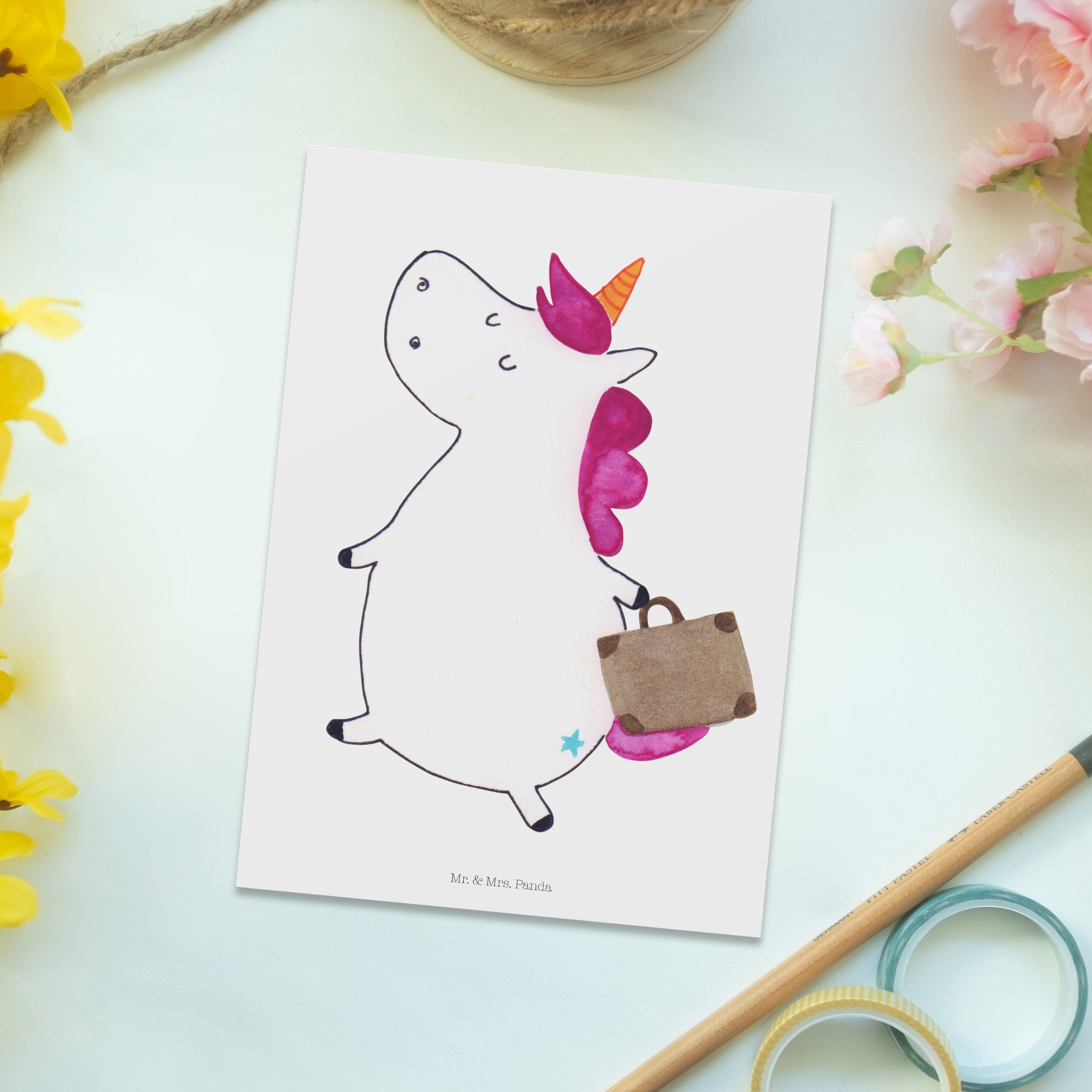 Mr. & Mrs. Panda Postkarte Koffer - - Erwachsen, Unicorn Pegasus, Einhorn Weiß lustig, Geschenk