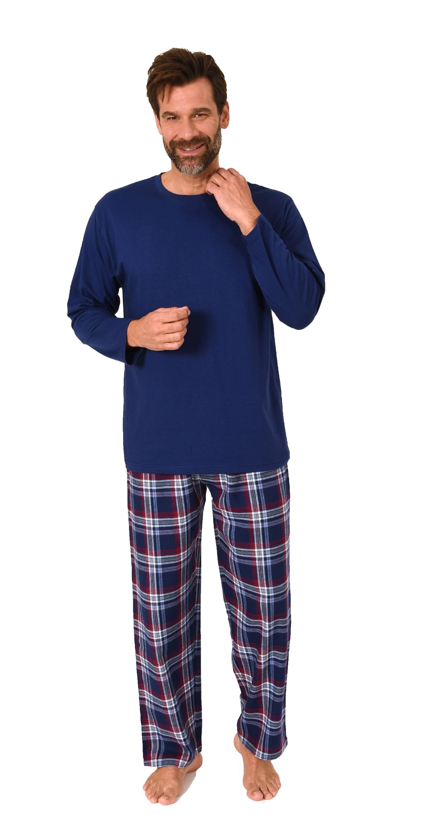 Normann Pyjama Herren Schlafanzug lang, Pyjama mit Flanell-Hose in Karo-Optik