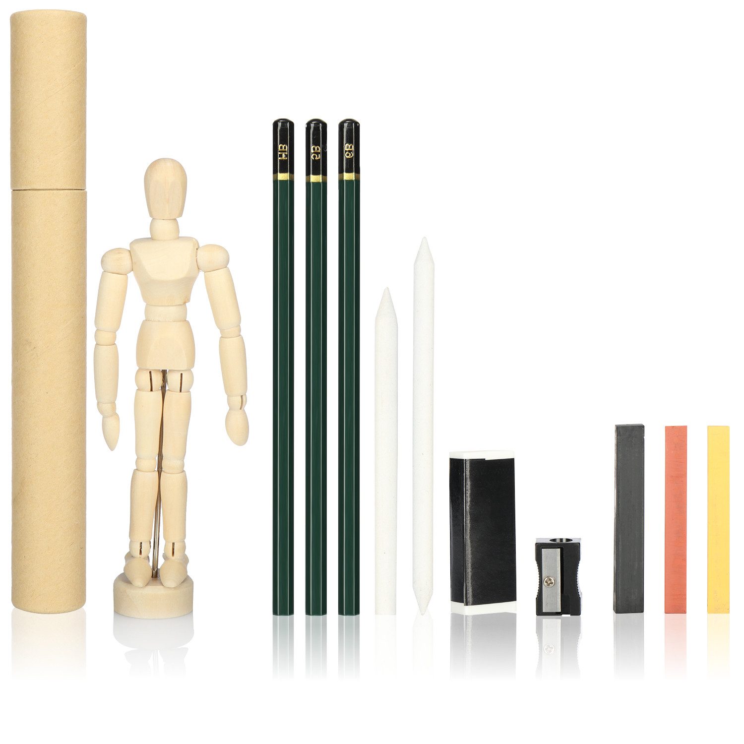 com-four Malstift Tolles Zeichenset für Kinder und Einsteiger, (12-tlg), Bleistiften, Kreide, Kohle, Radiergummi, Anspitzer, Etu