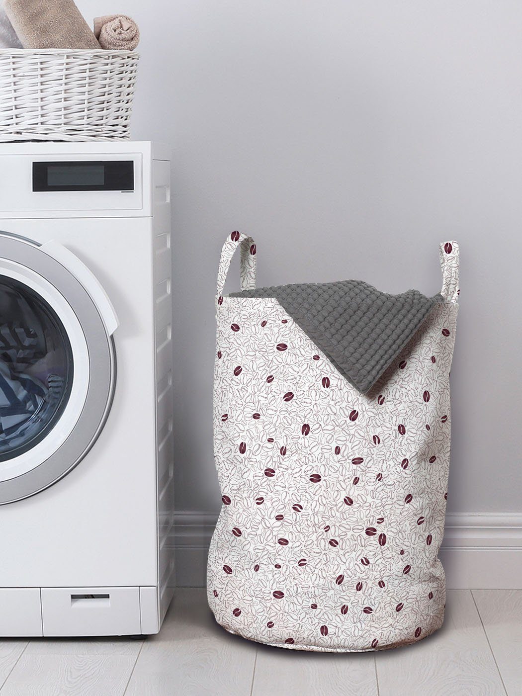 Bohnen Wäschesäckchen für Waschsalons, Abakuhaus Hintergrund mit einfachen auf Kordelzugverschluss Kaffee Wäschekorb Griffen