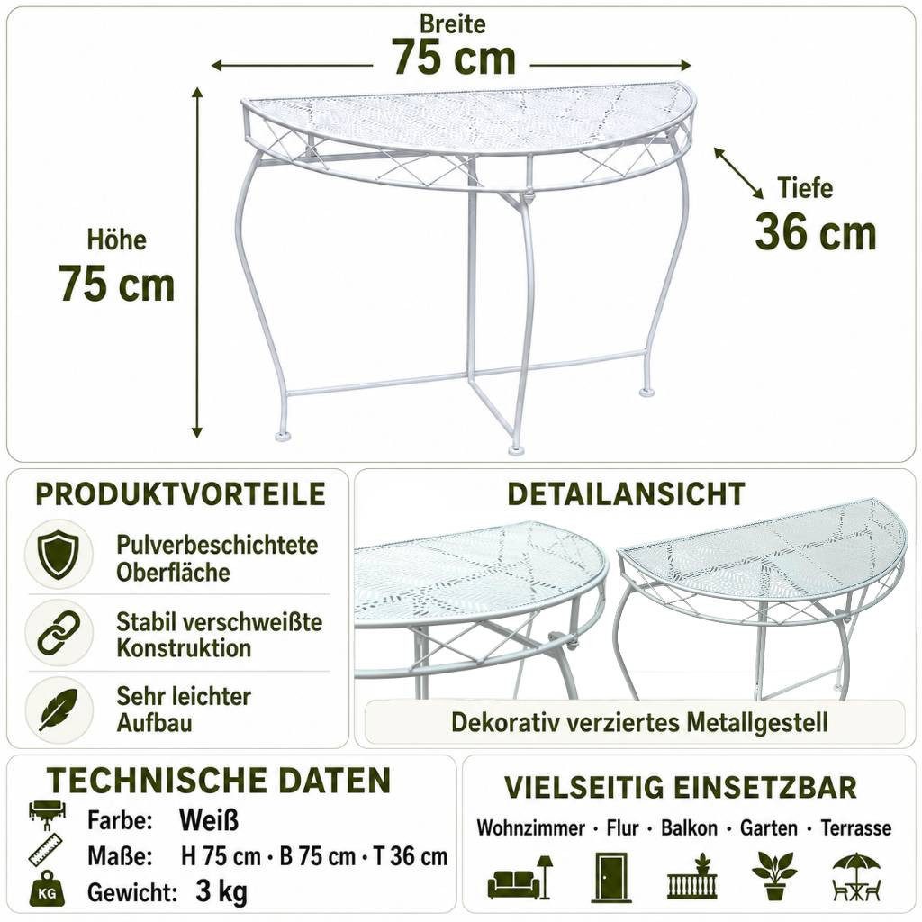 DanDiBo Konsolentisch Konsolentisch Wandtisch Weiss Beistelltisch Metall 75 cm Gartentisch