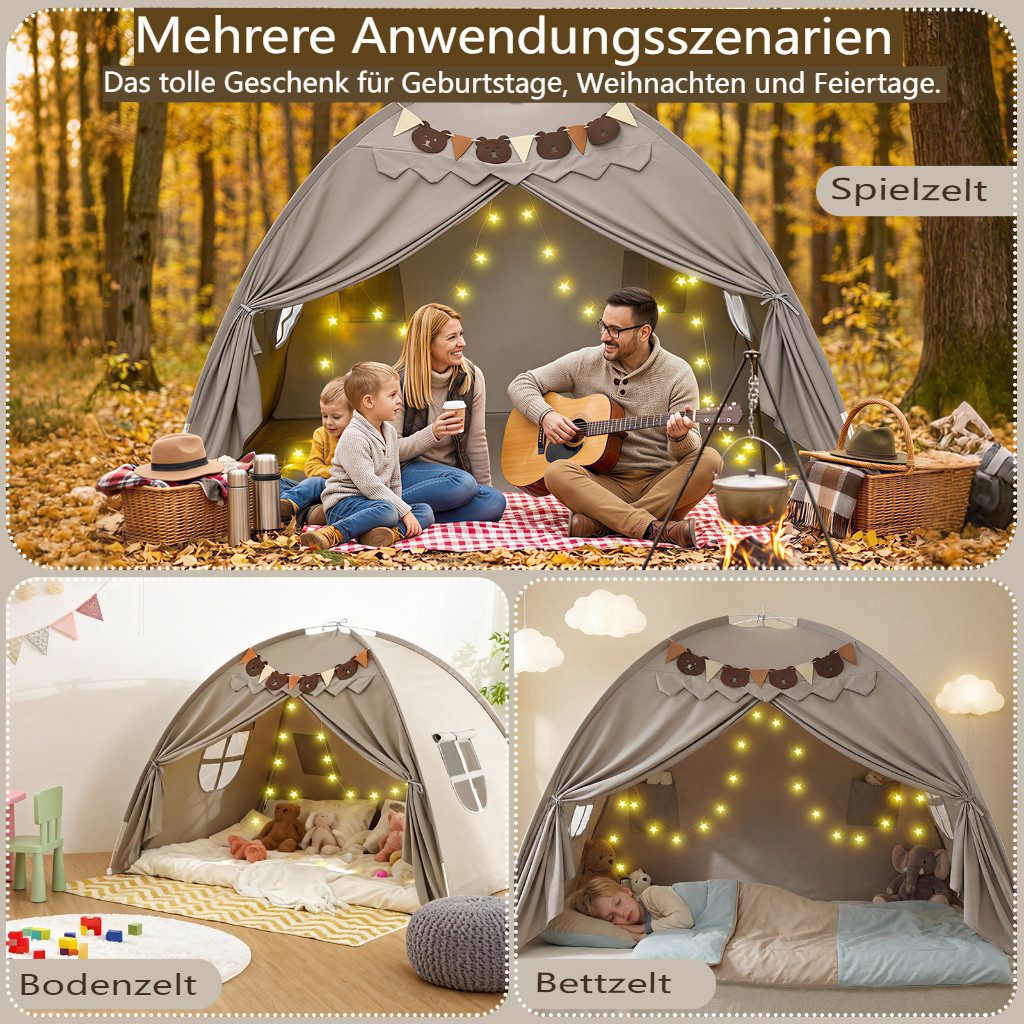 Insma Spielzelt 2 IN 1 Kinder Spielhaus Bettzelt Schlosszelt mit Sternen-Lichterkette und Bären-Wimpelkette, 196×140×132cm