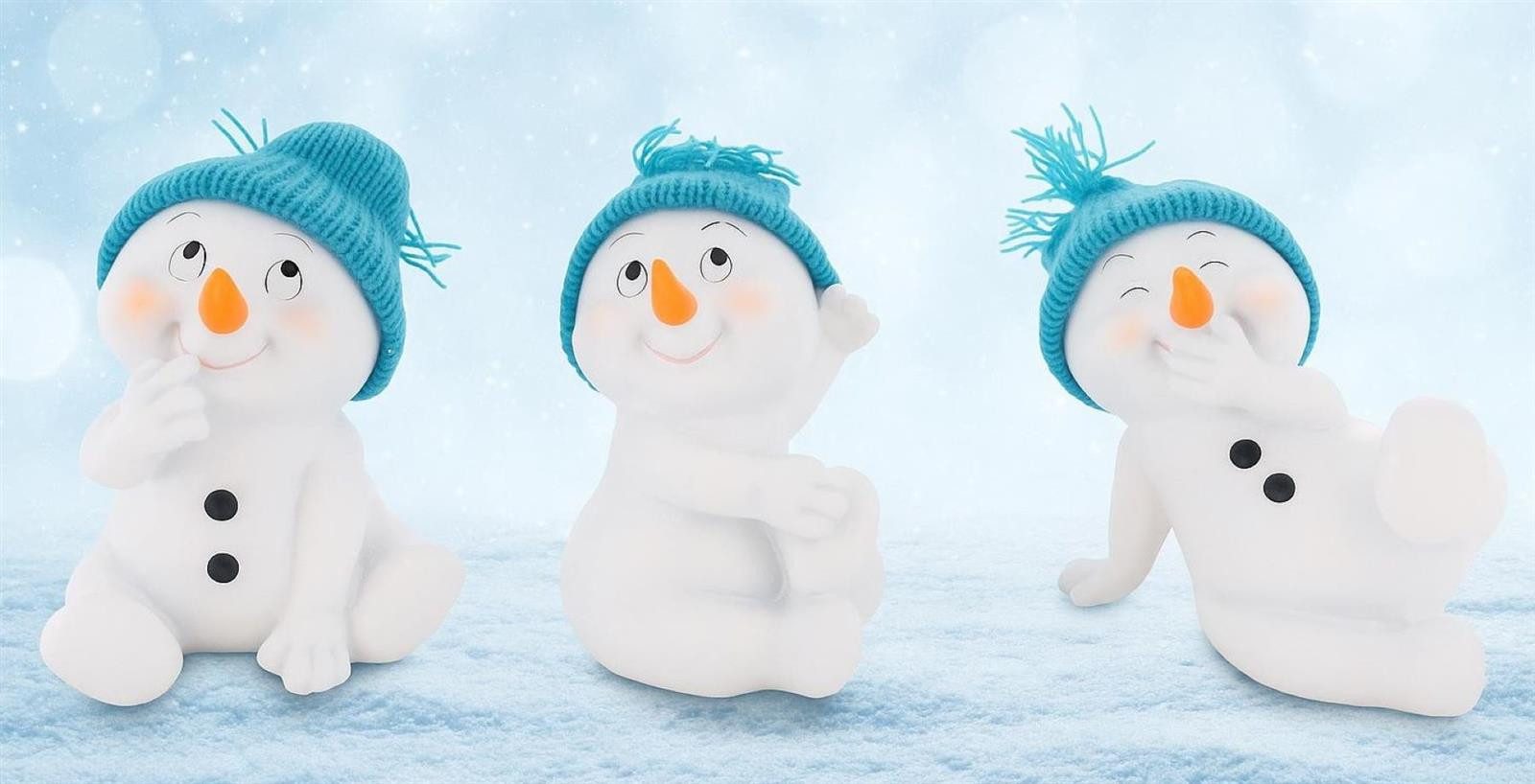 Geschenkestadl Schneemann 3 x Schneemann sitzend 11,5cm Weihnachten Winter versch. Varianten (Spar-Set, 3 x sitzend), lustige Schneemänner