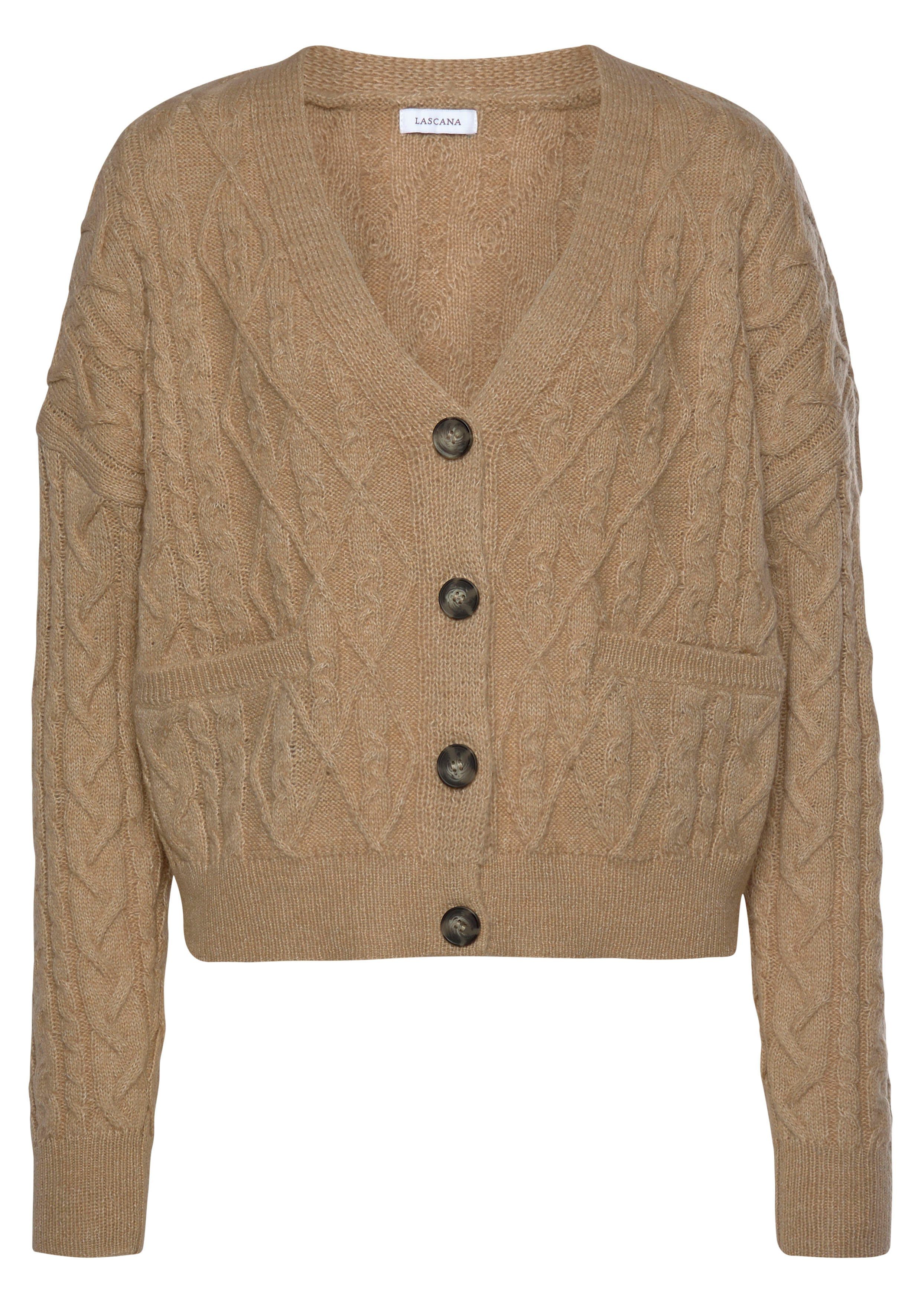 LASCANA Strickjacke mit Zopfmuster, kuschelweicher Cardigan, günstig online kaufen