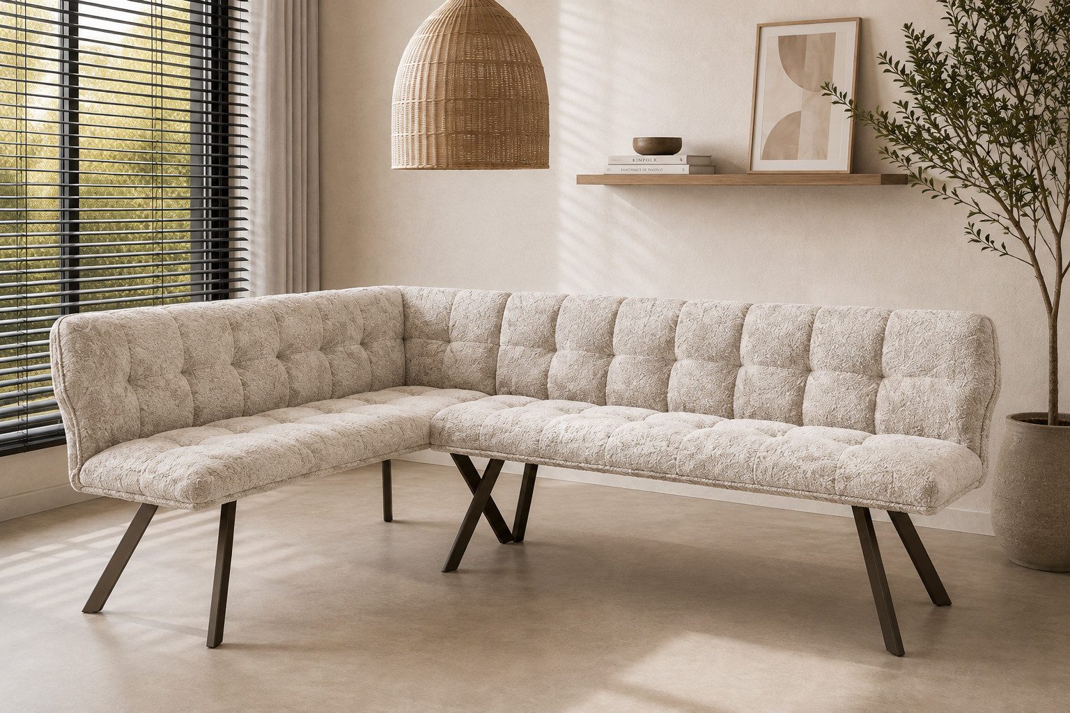 Maison ESTO Eckbank Küchenbank VARENO links 242 cm Stoff beige mit Metallbeinen, Frei im Raum stellbar • Komfortable Polsterung