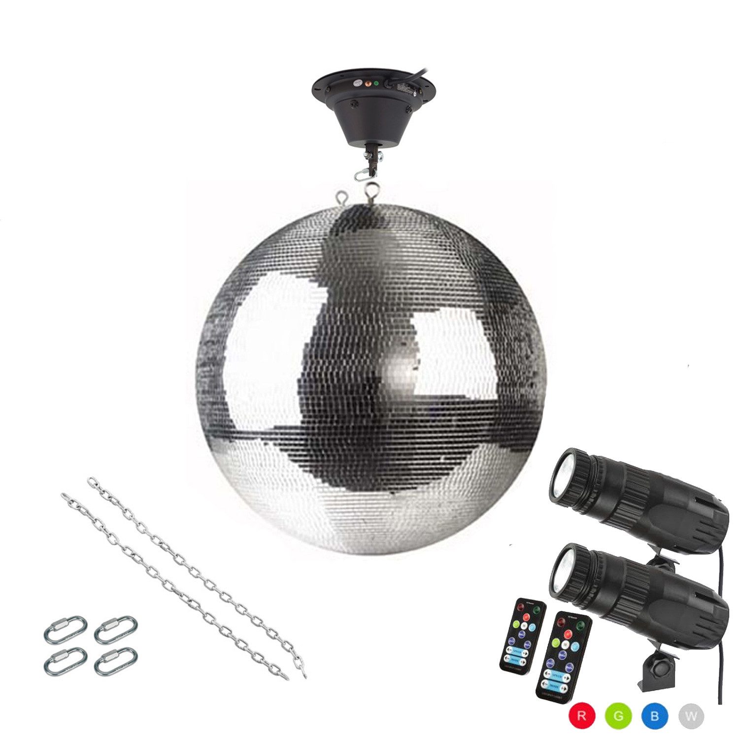 SATISFIRE Discolicht Spiegelkugel Komplettset 50cm mit Motor, 2 x 9W LED Pinspot (RGB)